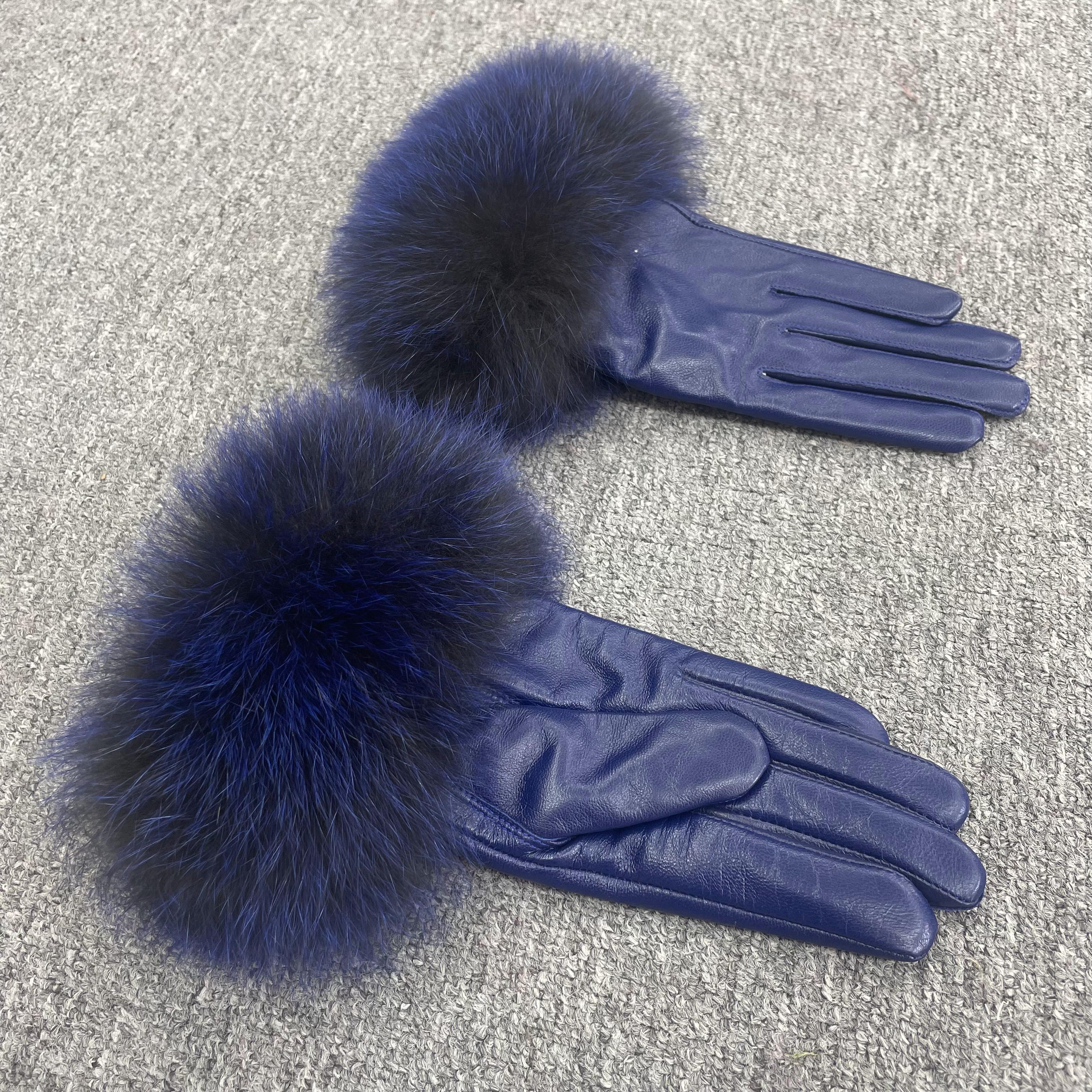 Women’s Black Leather Gloves with Real Fox Fur Trim – Elegant Winter Fashion Accessory for Luxury Style 14 F