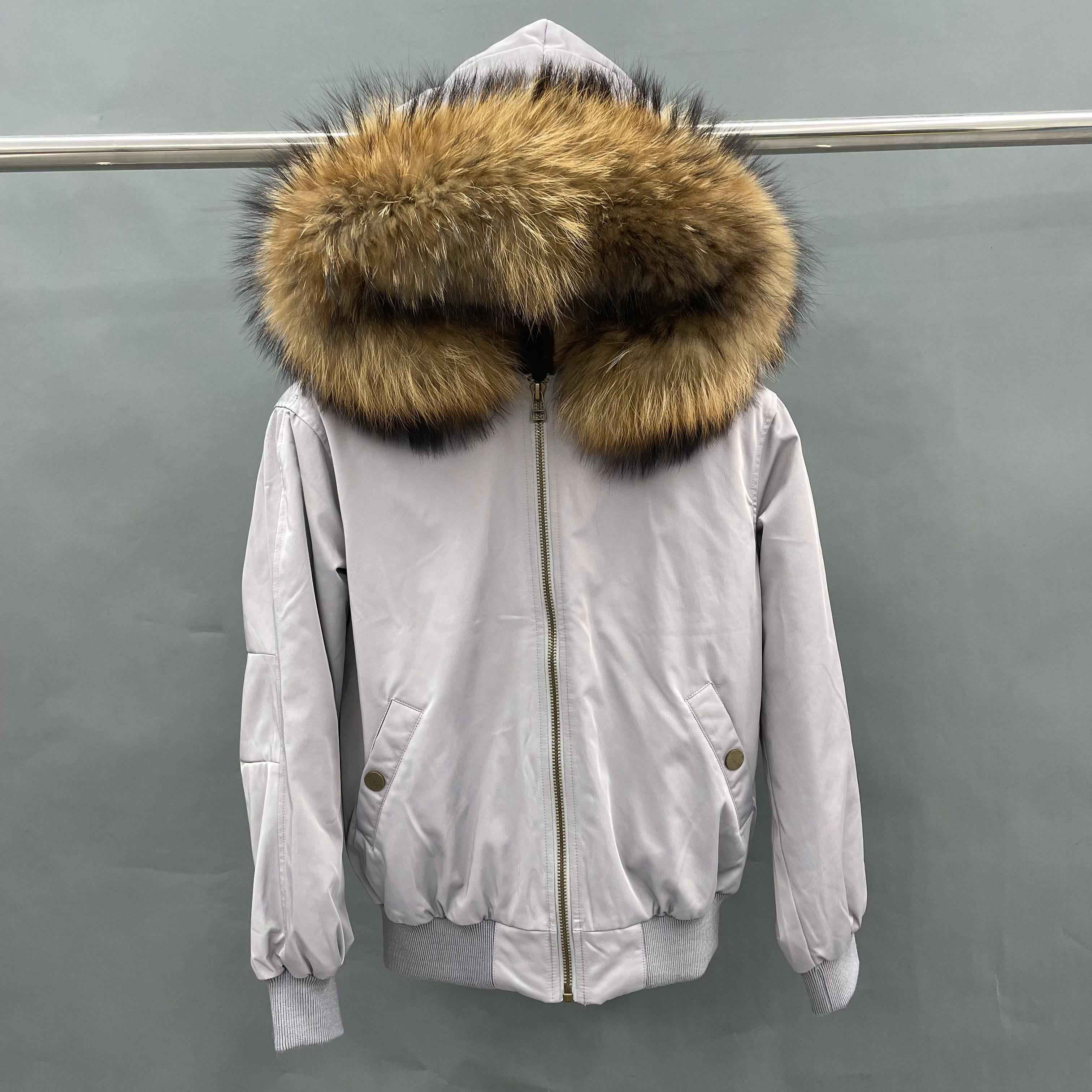 Women's Bomber Jacket with Raccoon Fur Collar – Winter Flight Jacket, Faux Fur Trim Aviator Coat for Cold Weather 4#Grey