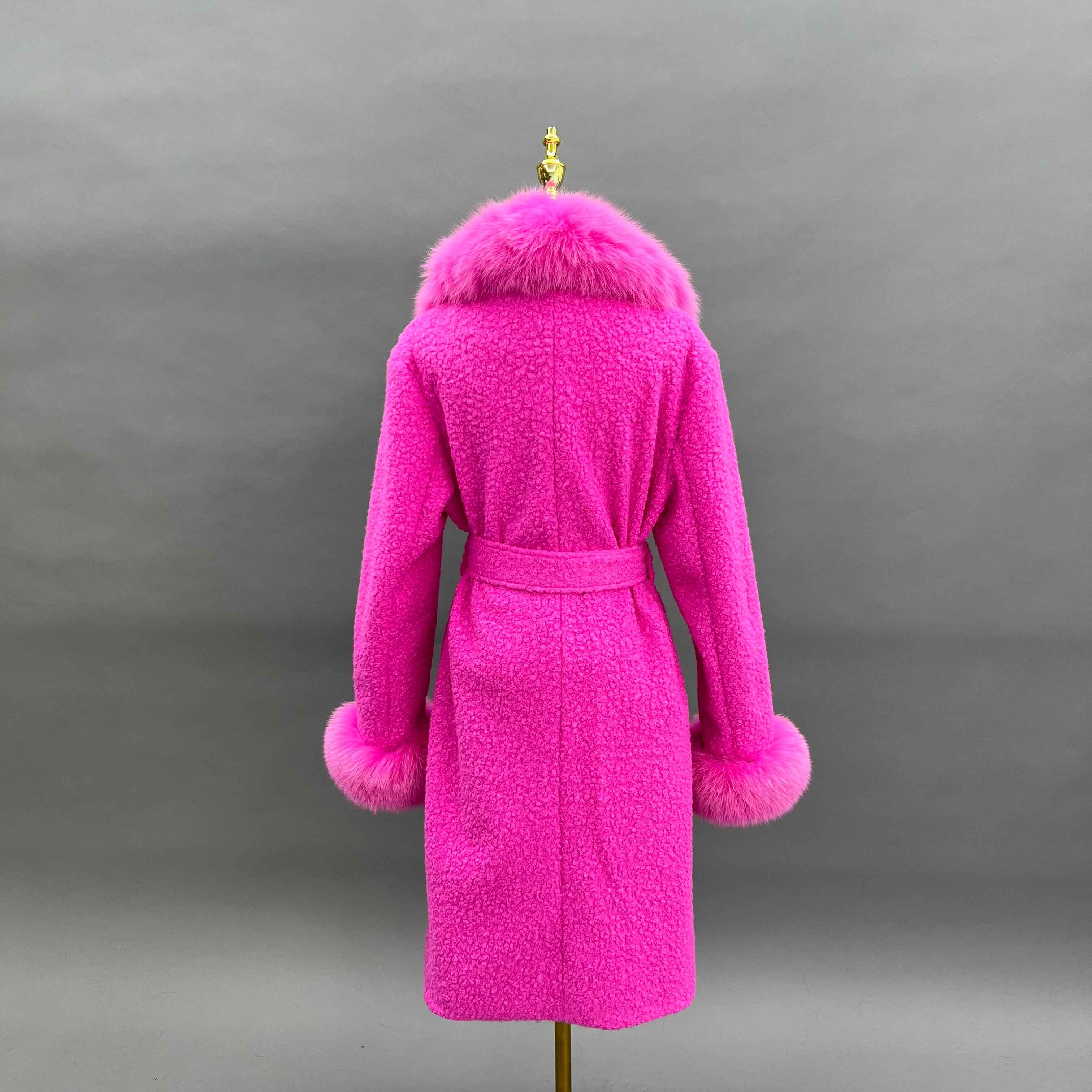 Women's Single - Faced Cashmere Coat with Faux Fur Collar and Cuffs, Belted Winter Outerwear