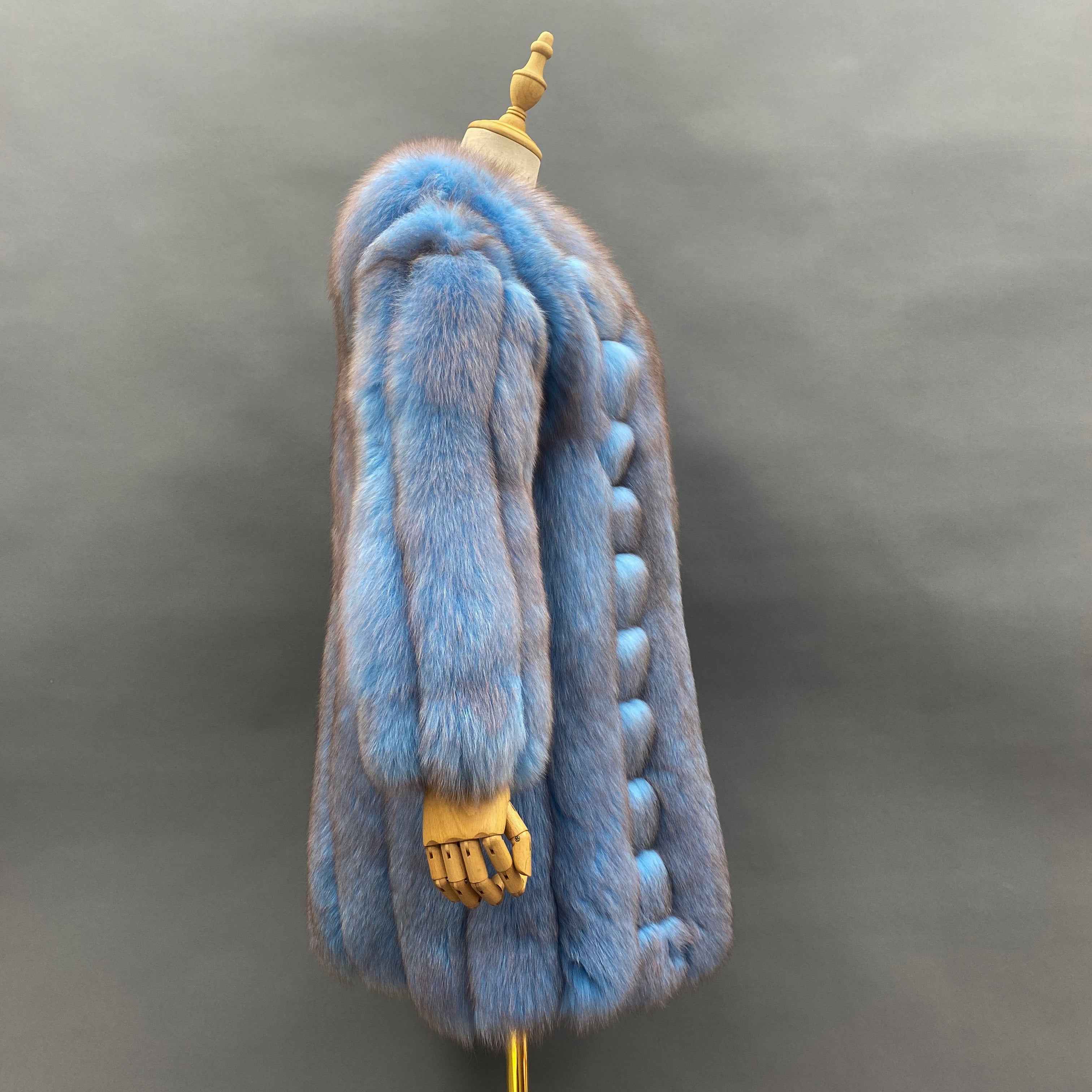 "Luxury Iridescent Fox Fur Coat: Artistic Puff-Stitched Winter Fashion Outerwear"