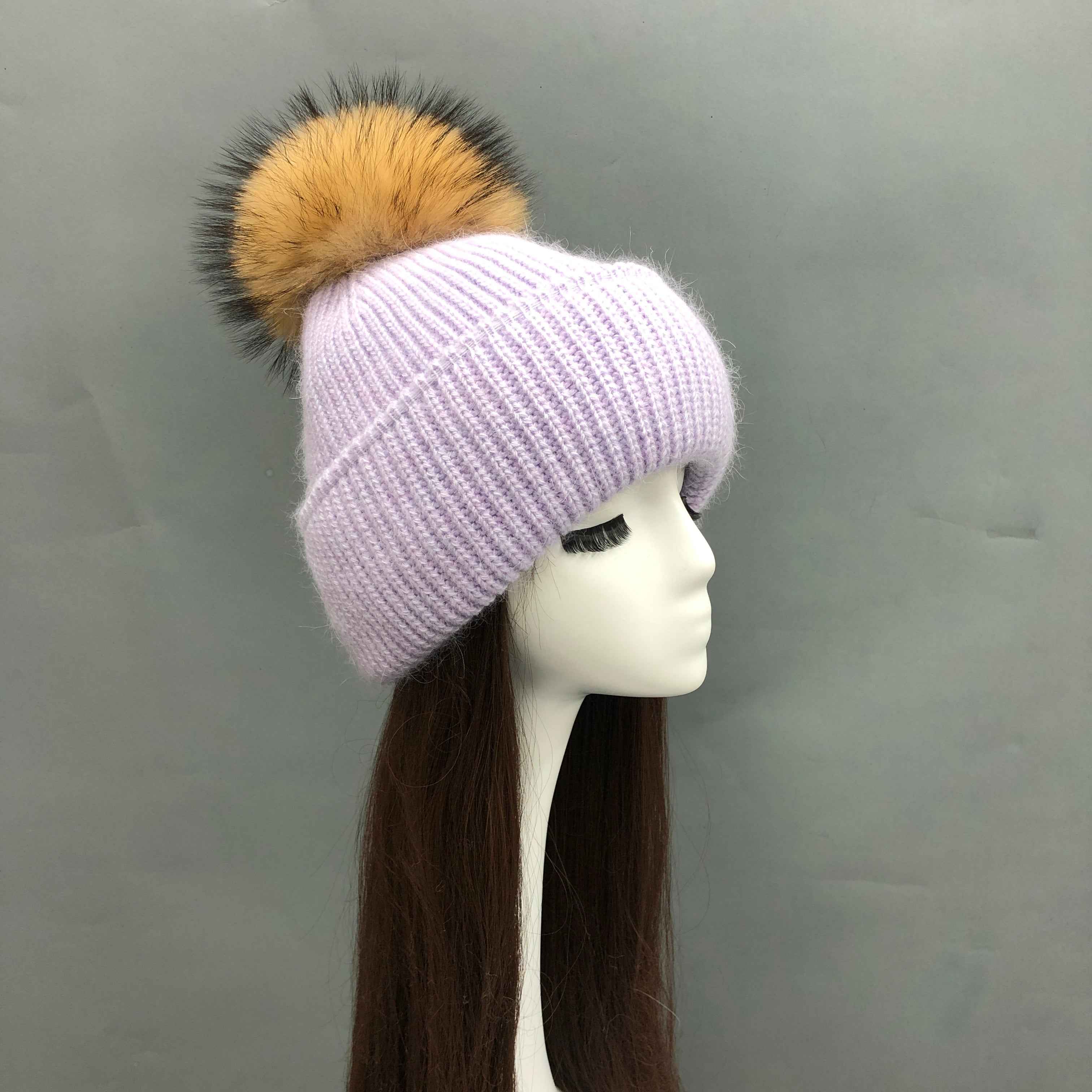 Wholesale Fleece-Lined Rabbit Fur Knit Beanie – Two-Fold Cuff with Raccoon Fur Pompom, Warm Winter Hat for Women, Premium Quality in Bulk 2#Purple Adult