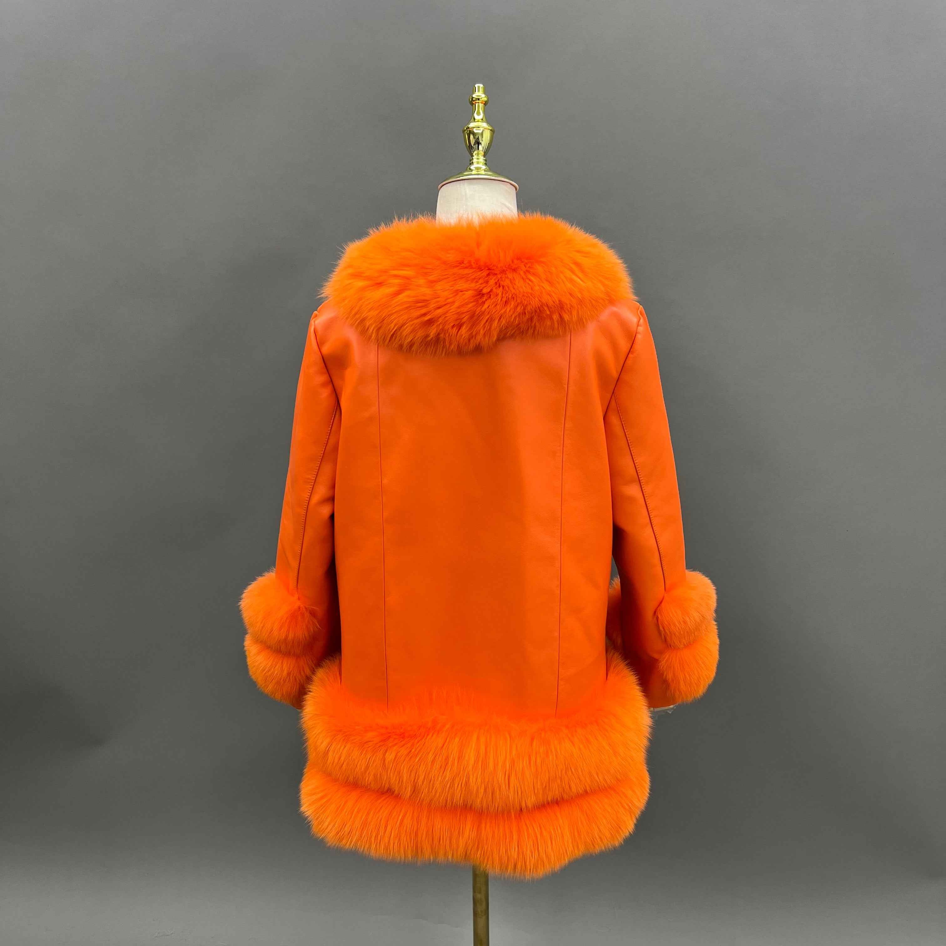 Women's Patchwork Leather Down Jacket with Fox Fur Trim