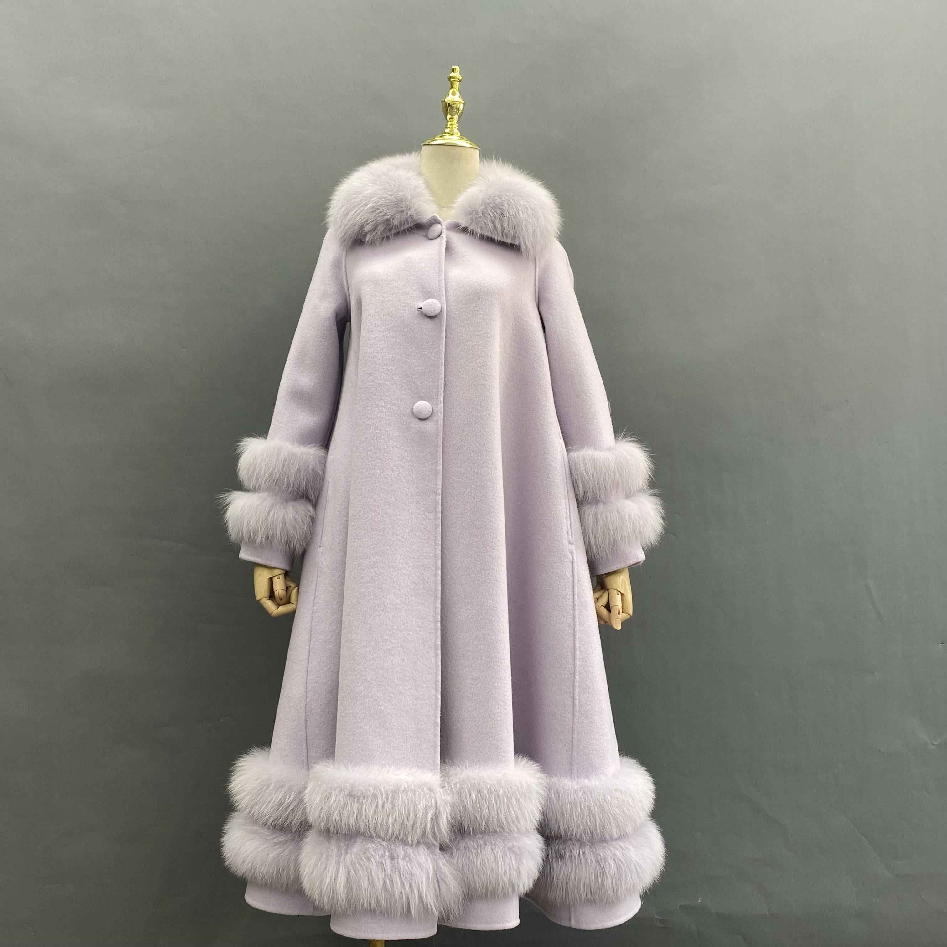 Double - Faced Wool Coat with Double - Layer Fox Fur Trim on Cuffs, Hem & Collar - Luxury Warm Fashion Winter Outerwear