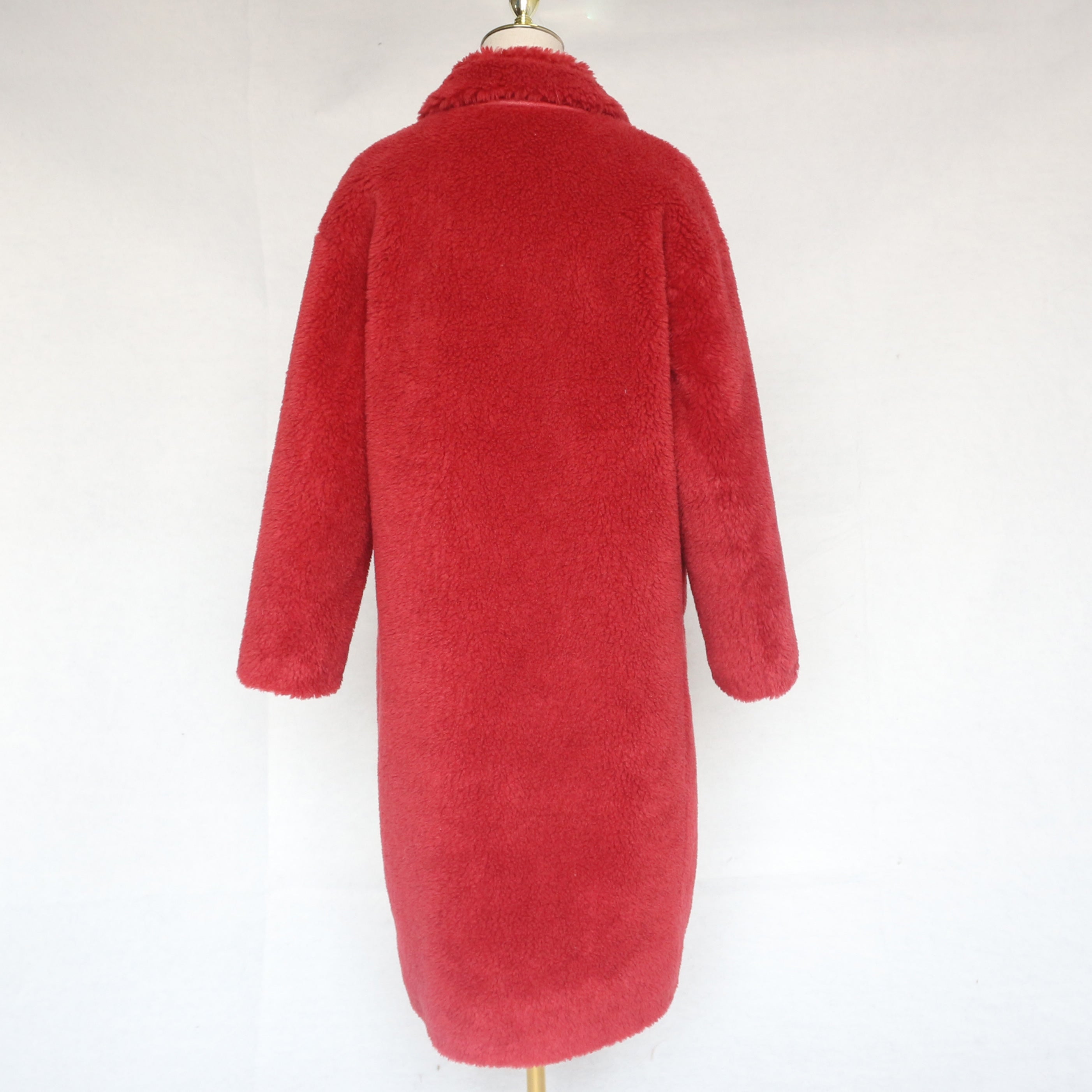Women's Red Long Sheepskin Shearling Coat with Stand Collar & Button Front - Warm Winter Outerwear