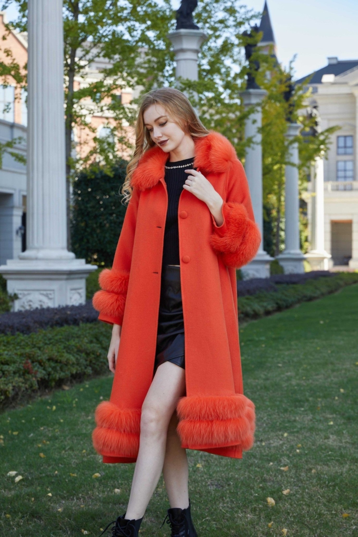 Women's Double Sided Cashmere Coat with Two Sections of Fur Collar at Hem and Cuffs - Janefur