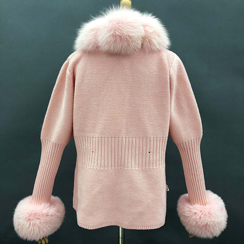 Women's Fashion Cuff Lapel with Fox Fur Knit Cardigan - Janefur