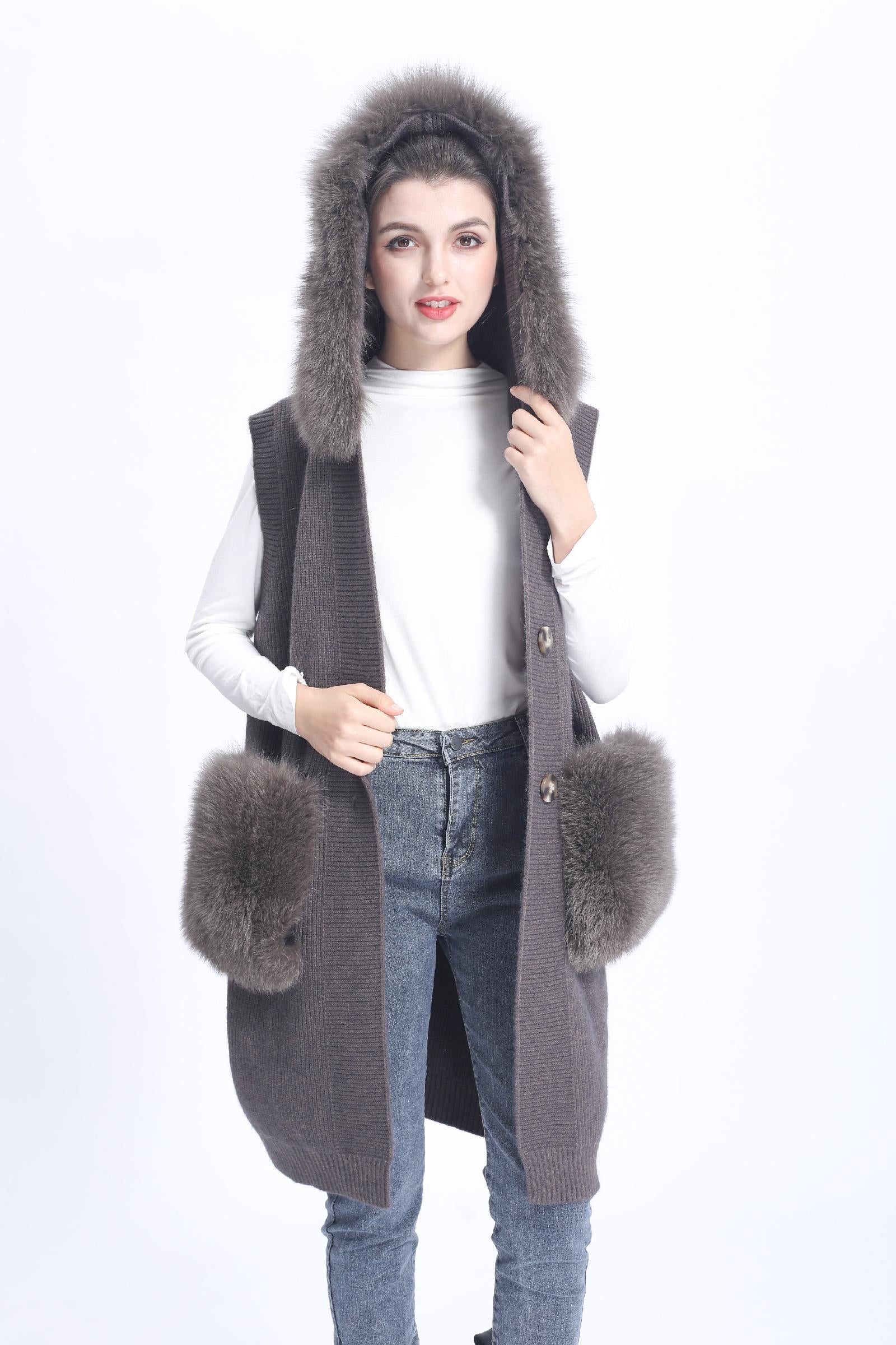 Women's Knitted Sweater Hooded Vest Sleeveless Button Down Cardigan Outwear Top with Pockets - Janefur