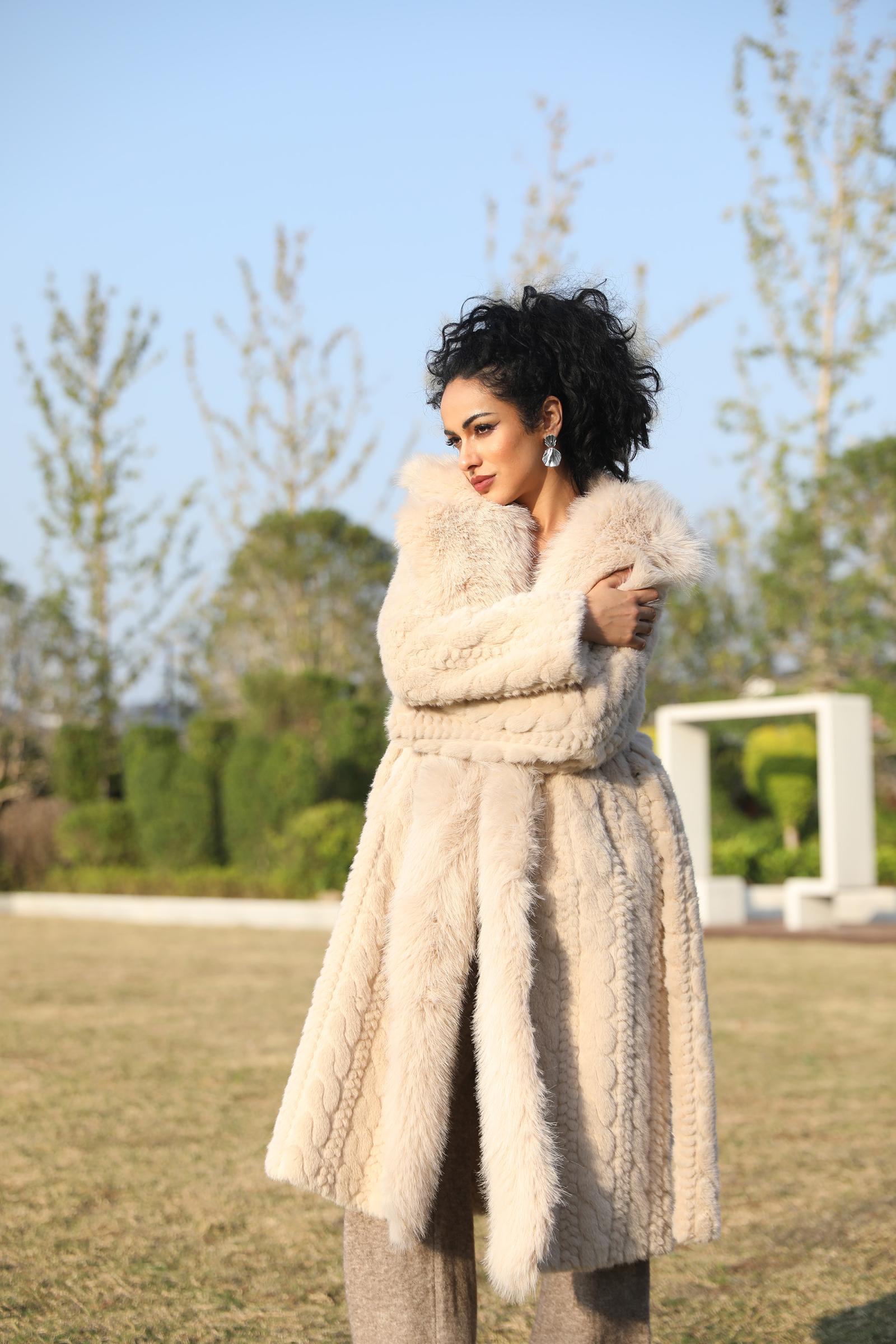 Eco-Friendly Faux Mink Fur Women's Long Coat with Suit Collar and Placket - Janefur