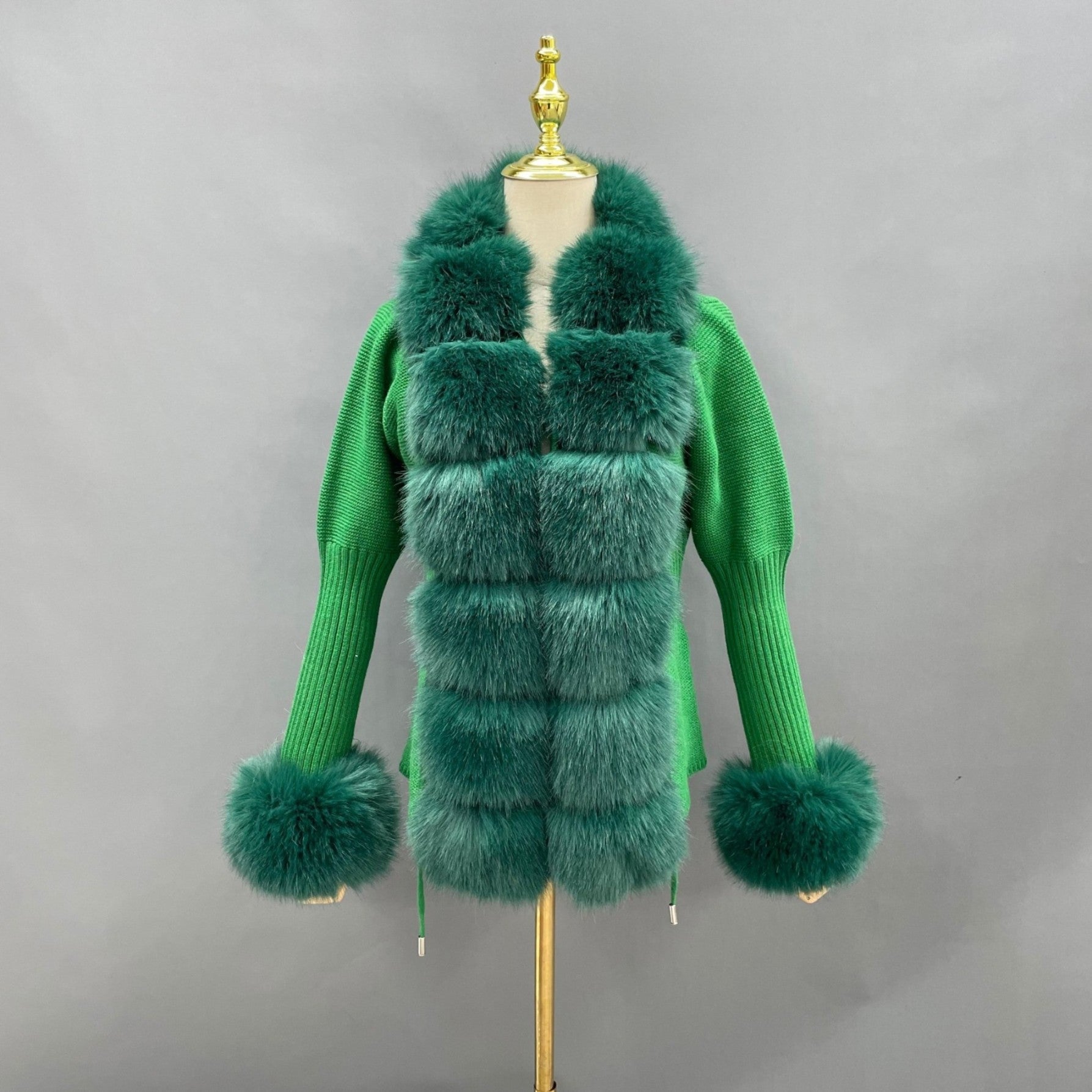 Women's Knitted Sweater Coat Cuff Placket with Eco-Fur Faux Fur - Janefur