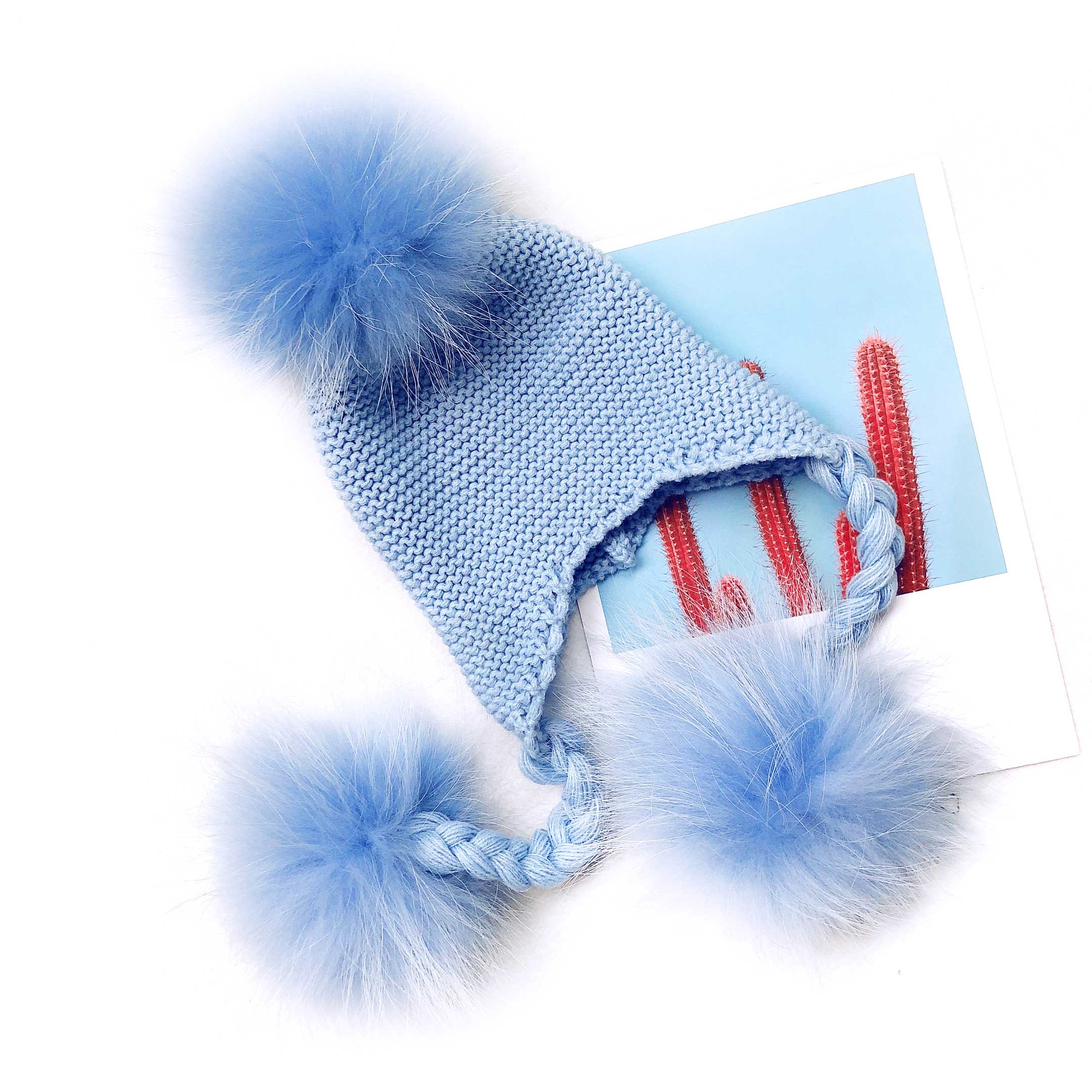Children's Fashion Knitted Big Braid Raccoon Fur Pom Pom Hat - Janefur