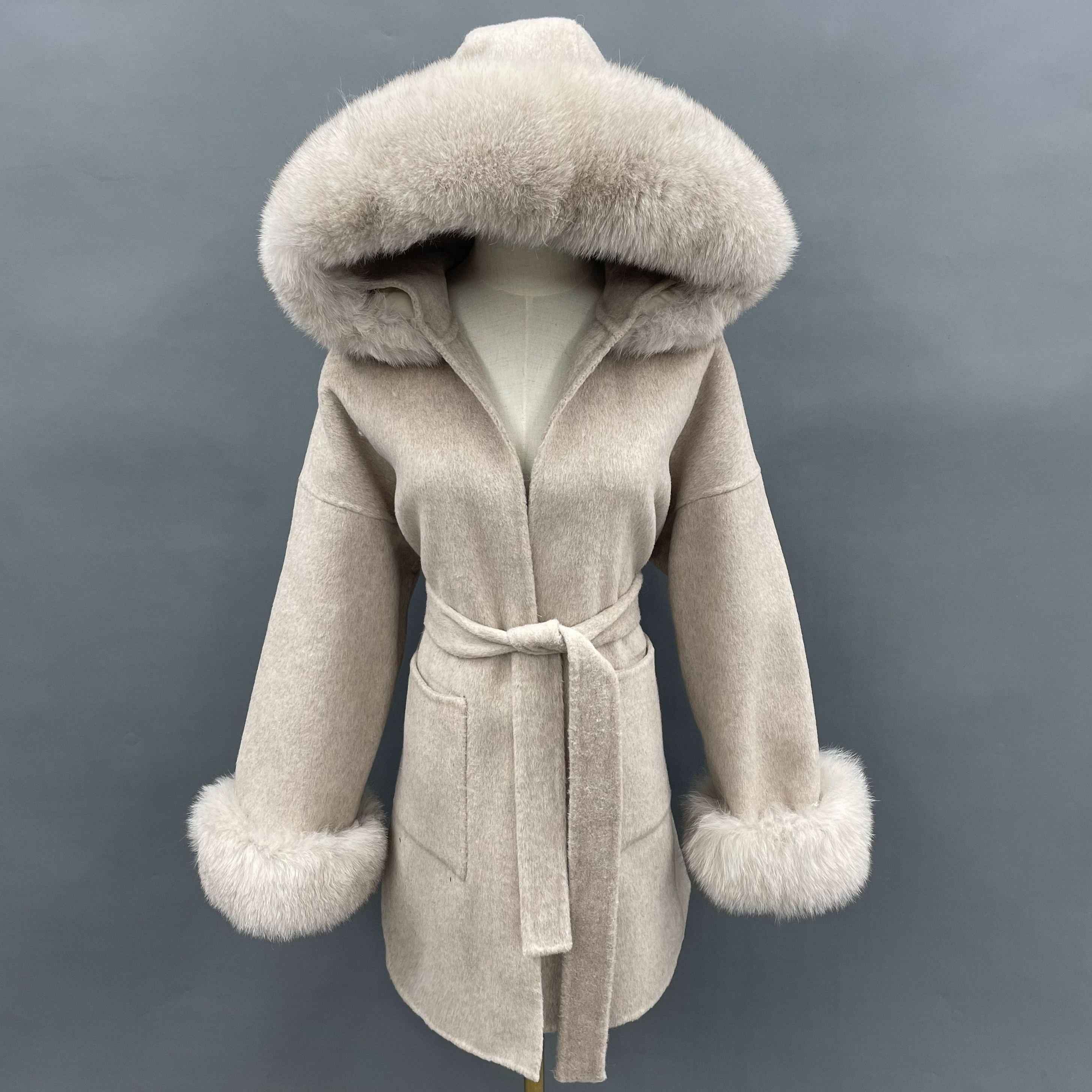 Short Length Hooded Double-faced Wool Coat with Large Pockets - Janefur