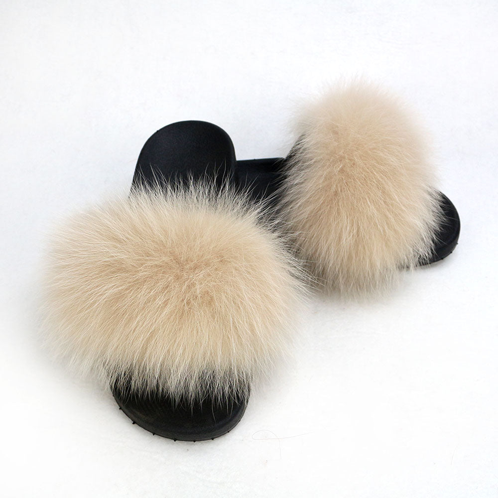 Janefur Wholesale Women's Fashion Slippers With Real Fox Fur Trim (Black, Gold, Silver Soles)