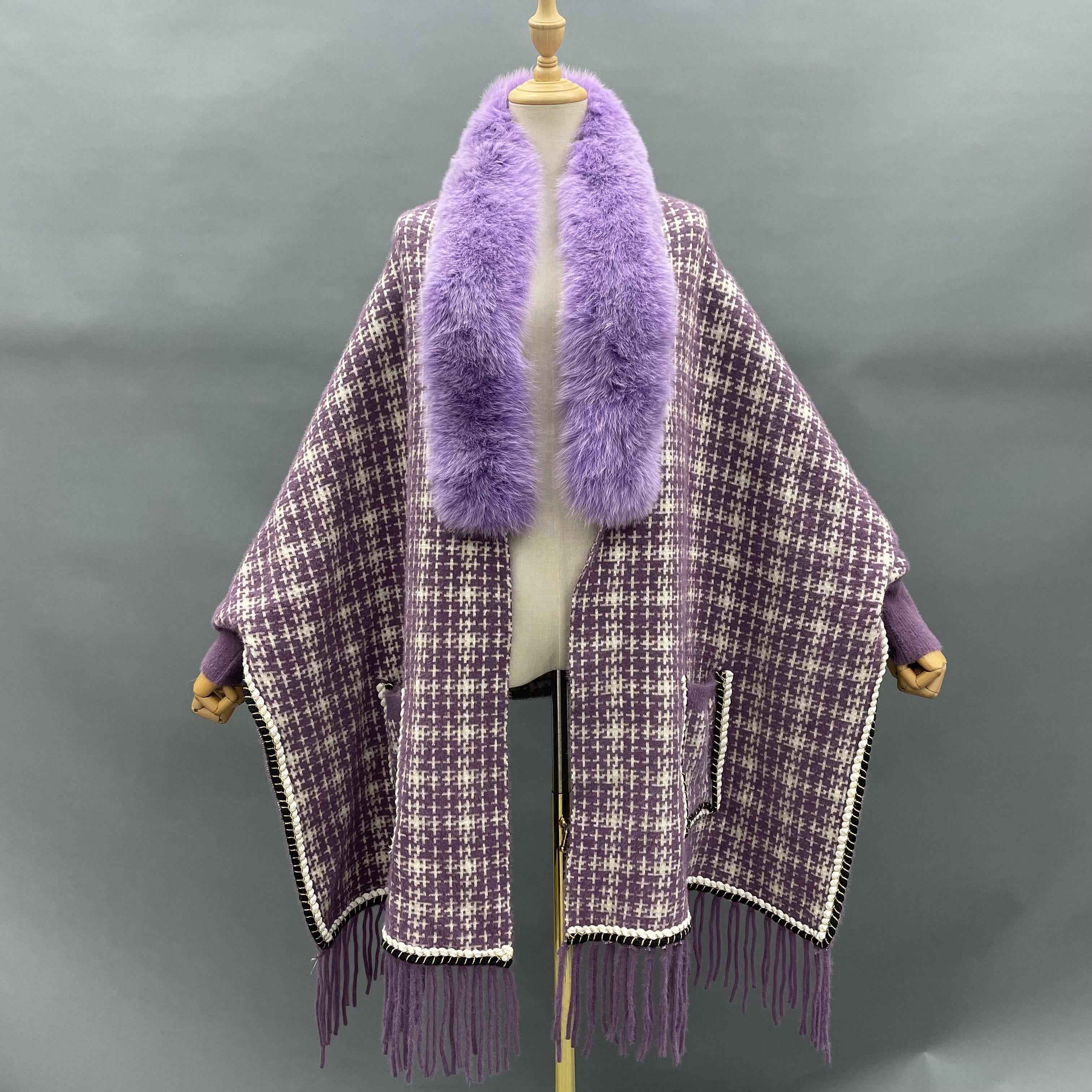 Women's Luxurious Chanel-Style Tweed Check Shawl Cardigan with Fox Fur Collar, Ribbed Cuffs & Fringe Detail - Winter Fashion Outerwear 8#Purple F