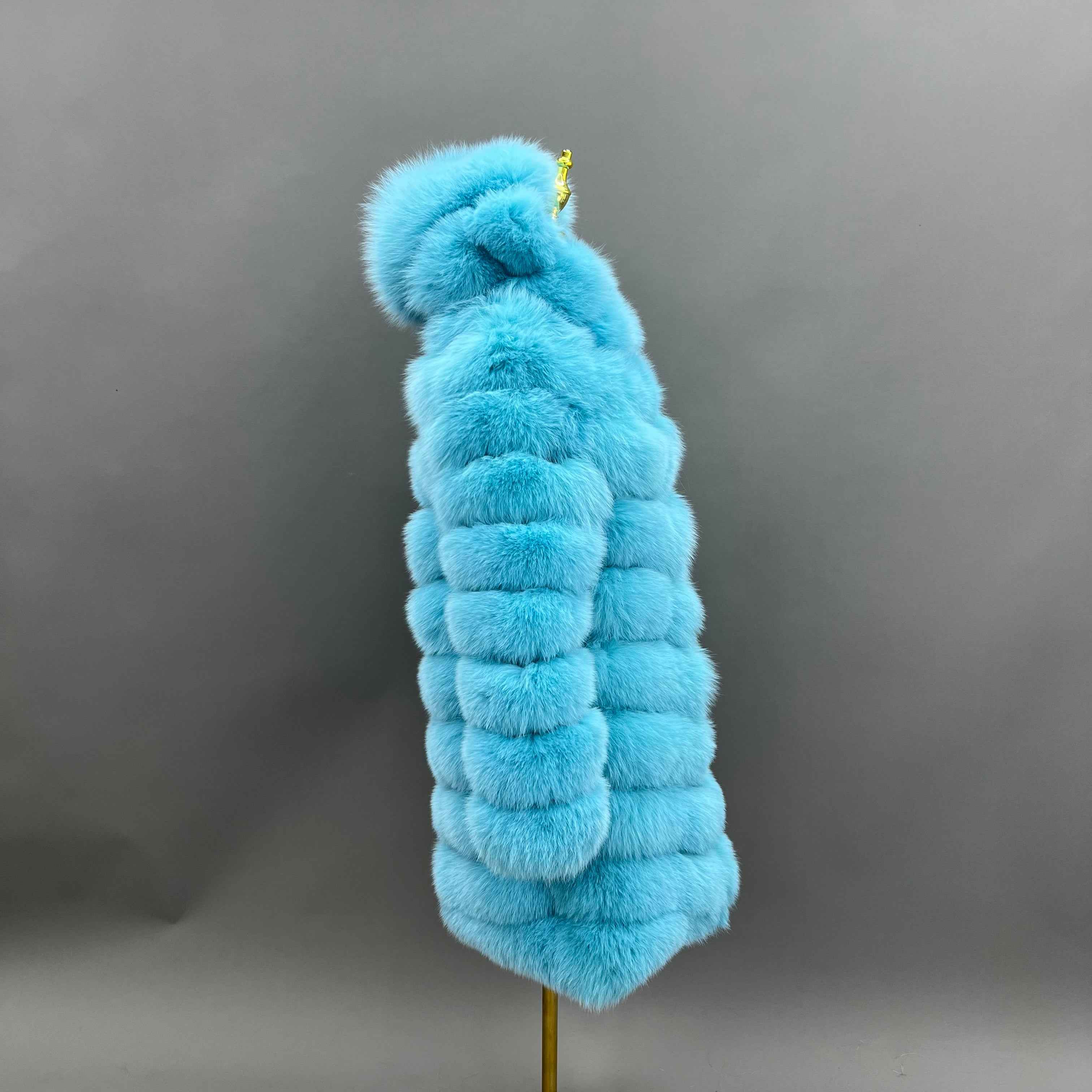 Luxury Blue Fox Fur Coat with Hood – Long Chevron Stitched 10-Panel Women’s Winter Fur Jacket