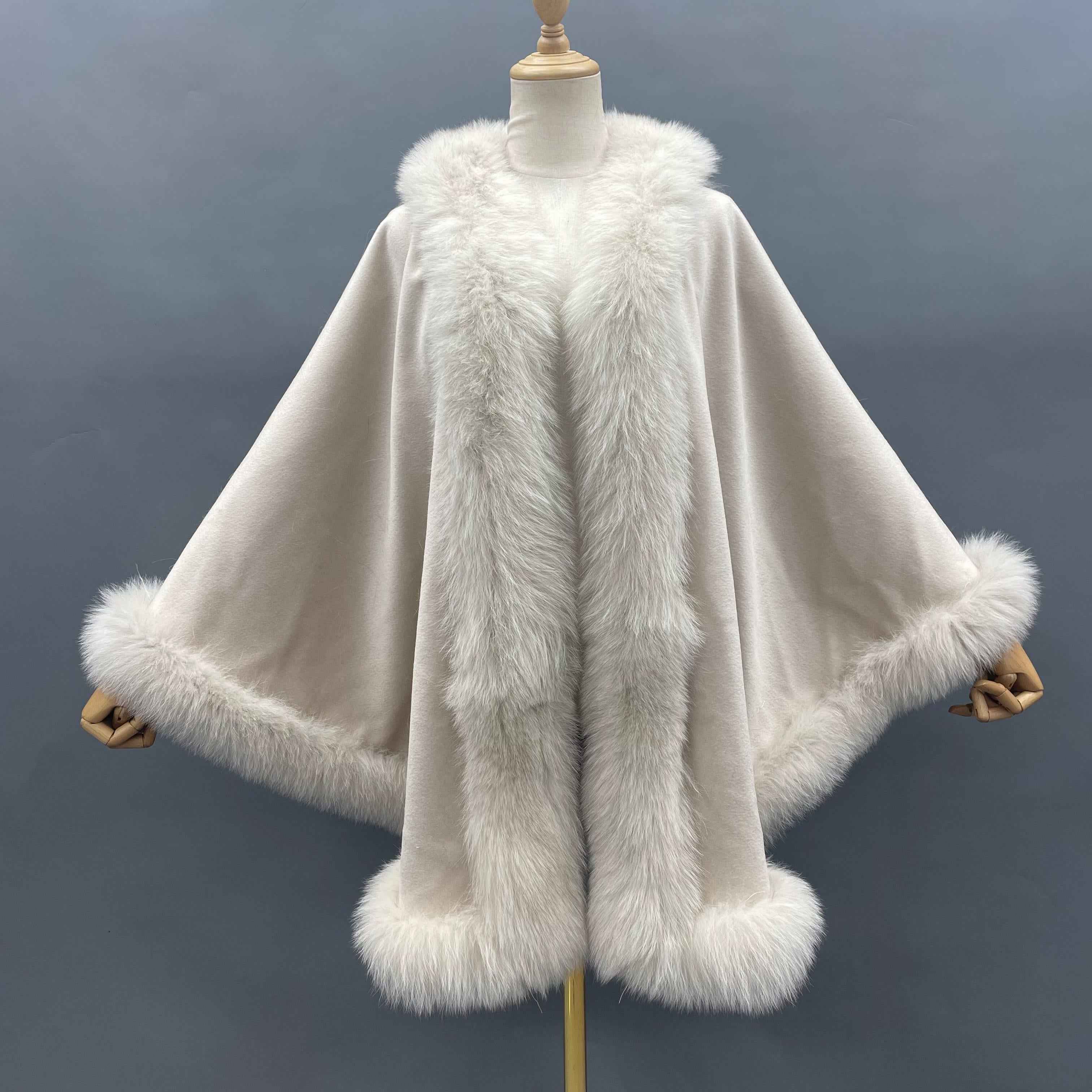 Women's Luxurious Cashmere Cape with Fox Fur Trim - Winter Fashion Outerwear 4#White F