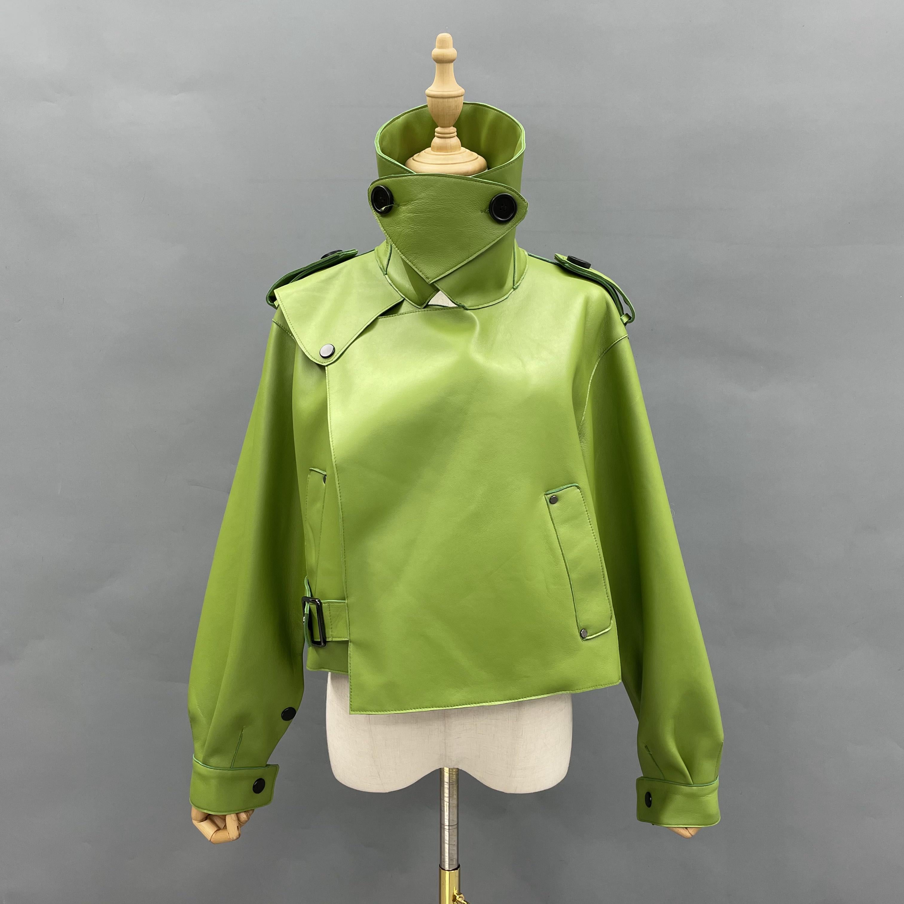 Women's Bright Green Faux Leather Biker Jacket with Wide Lapel, Slant Pockets & Belted Detail - Edgy Street Style Outerwear