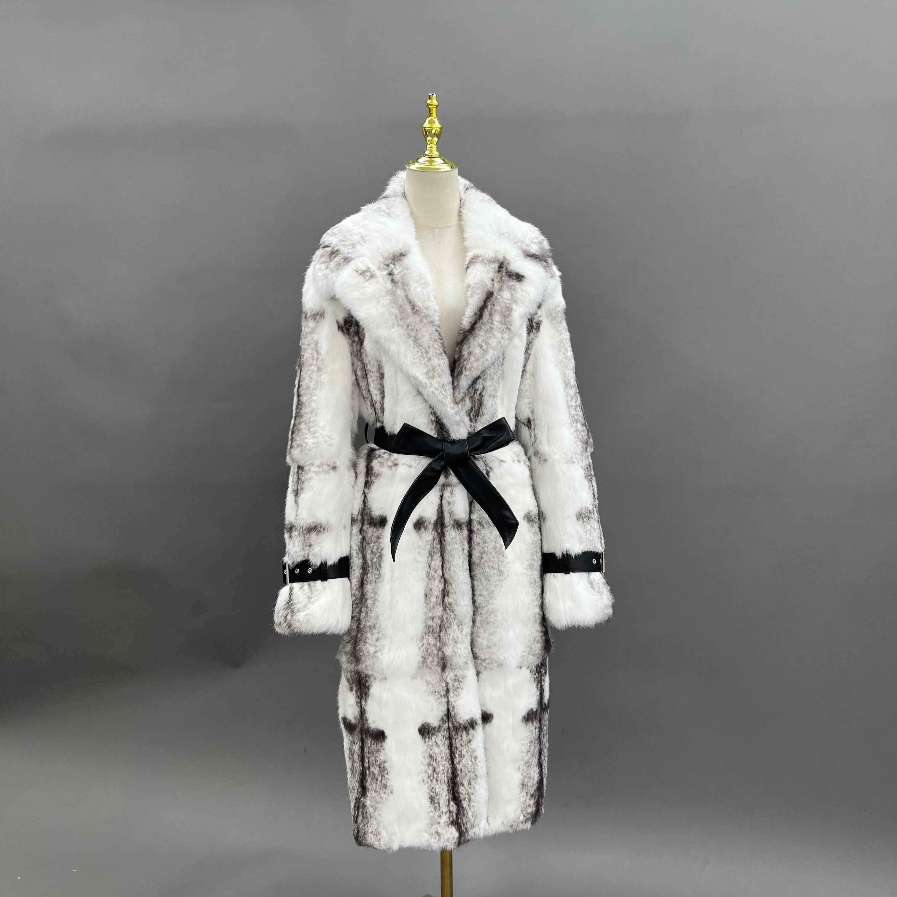 Luxury Rabbit Fur Coat with Notched Lapel and Leather Cuffs – Long Women’s Winter Fur Jacket with Belt