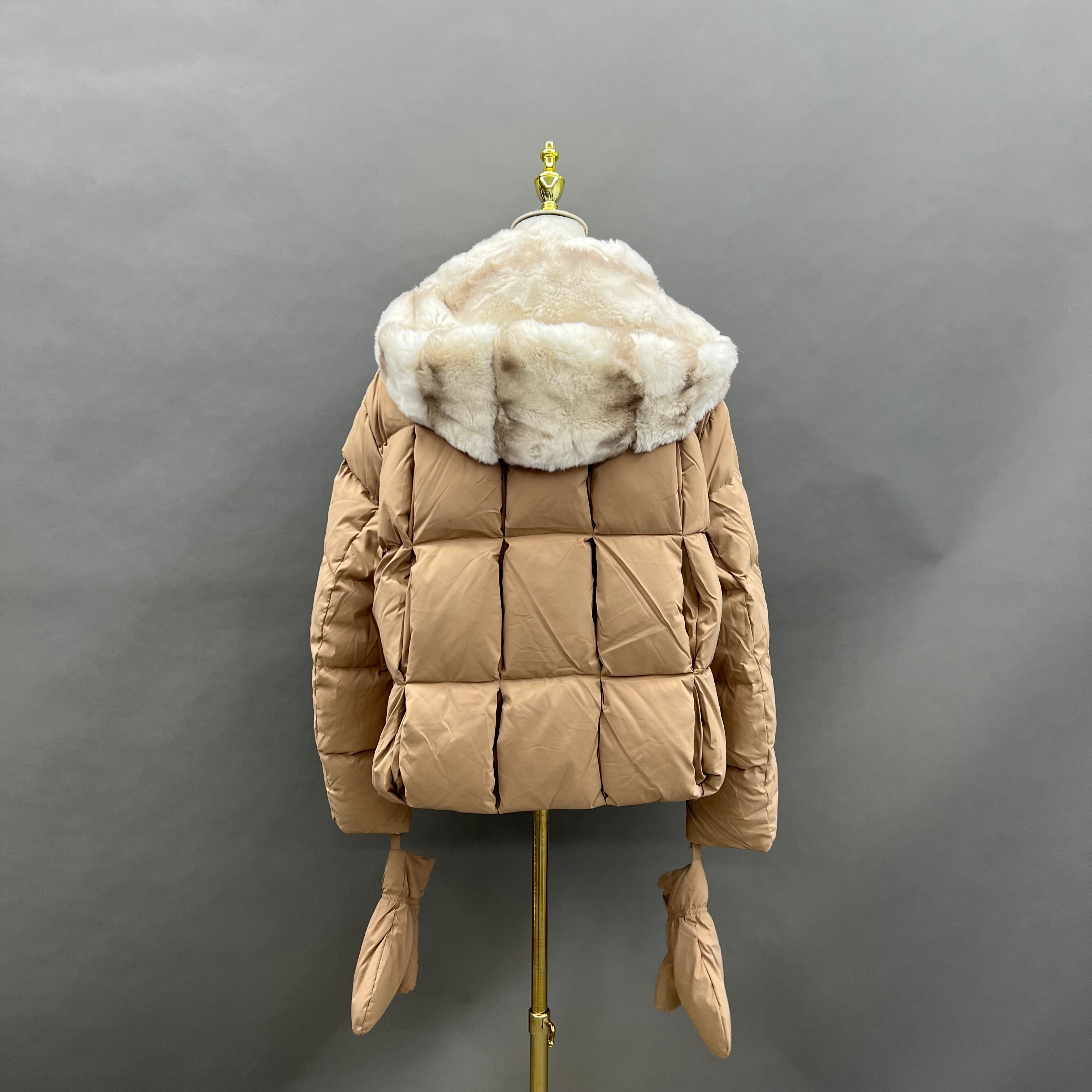 Women’s Beige Down Jacket with Real Rabbit Fur Hood – Detachable Mittens Winter Coat for Warm & Stylish Fashion