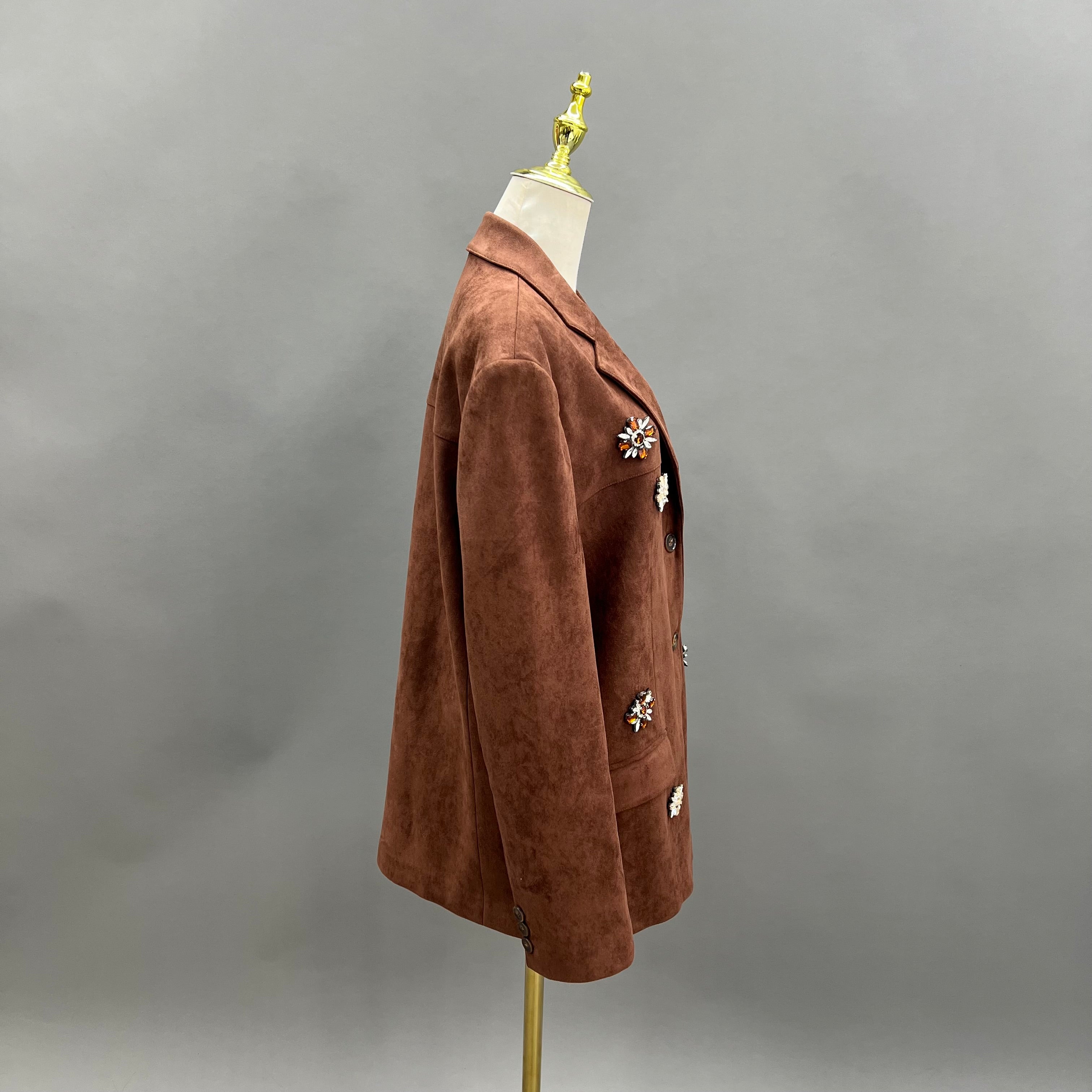 Vintage Brown Faux Suede Blazer with 3D Floral Embellishments – Women’s Retro Stylish Suit Jacket for Party & Events