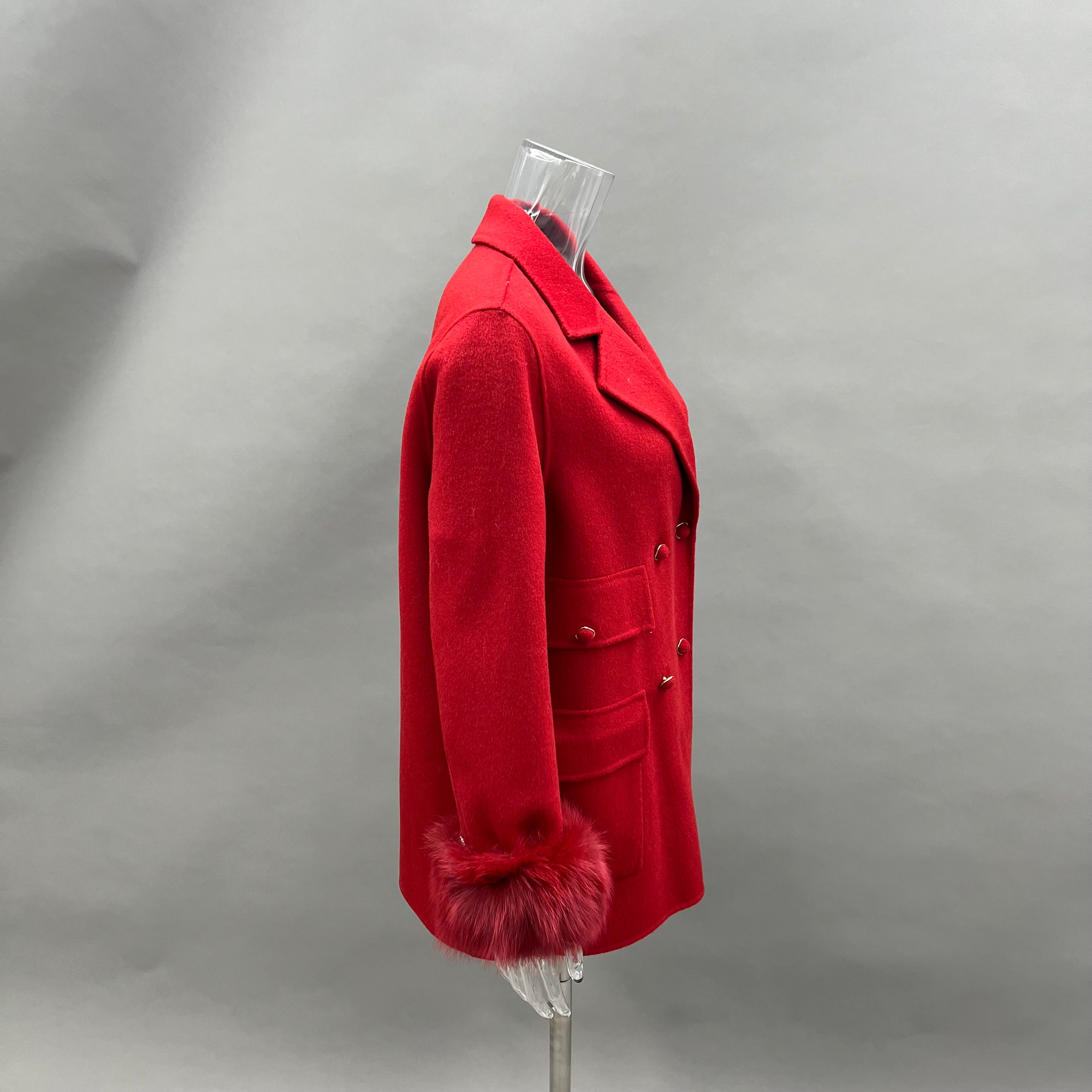 Women’s Red Double-Faced Wool Coat with Real Fox Fur Cuffs – Double-Breasted Notched Lapel Winter Jacket for Elegant Fashion