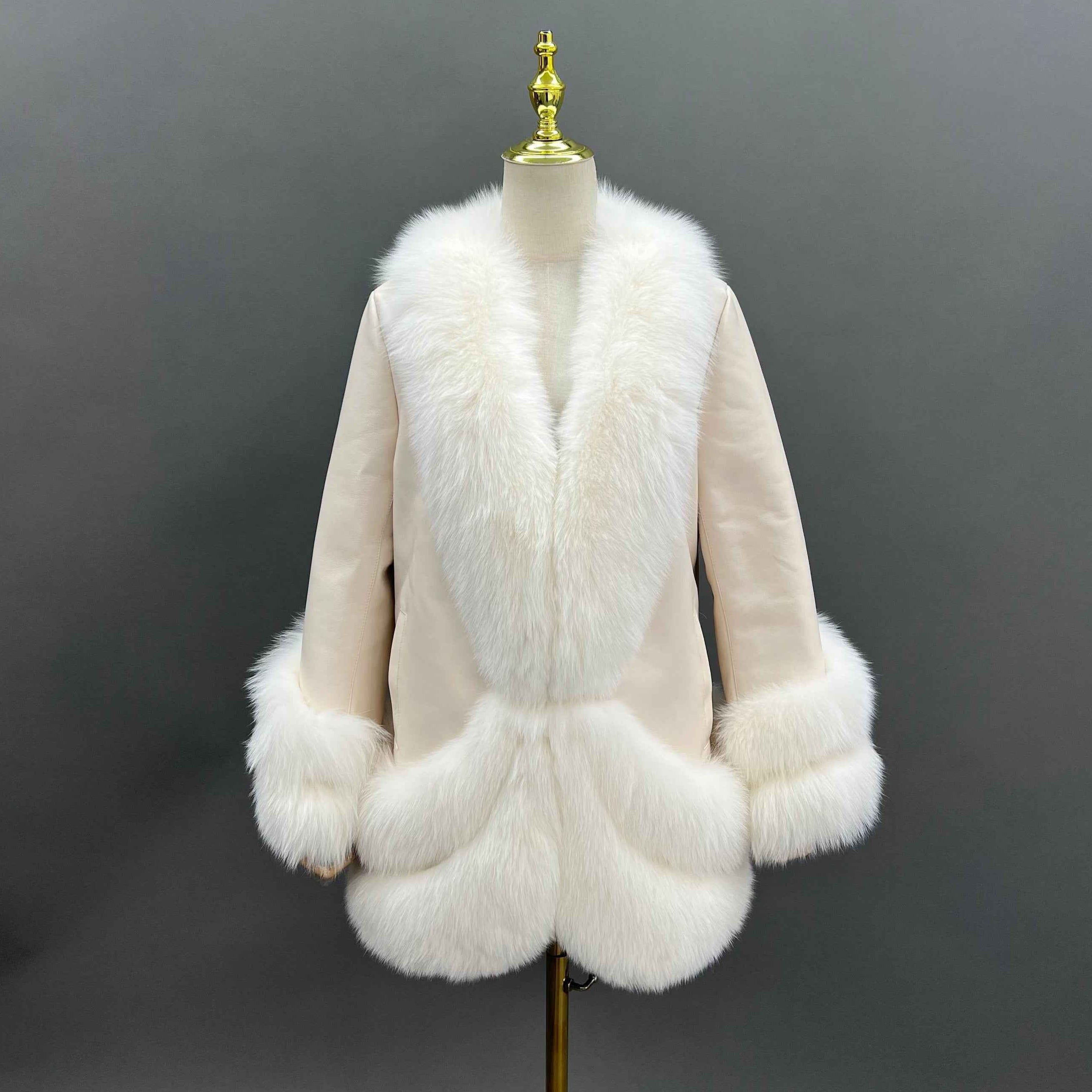 Women's Patchwork Leather Down Jacket with Fox Fur Trim