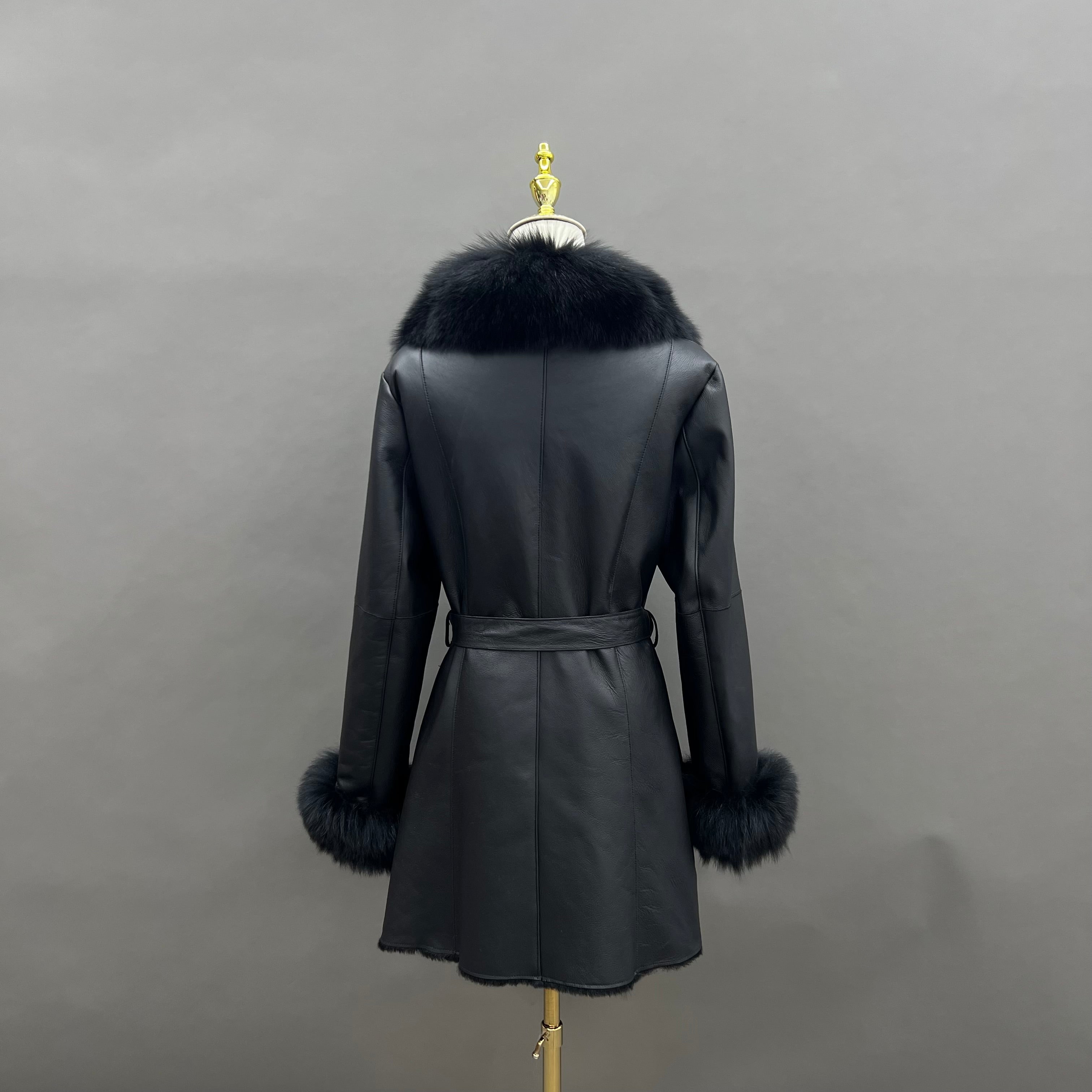 Women's Mid-Length Shearling Coat with Fox Fur Notched Lapel, Belted Waist & Cuff Trim - Luxe Winter Outerwear