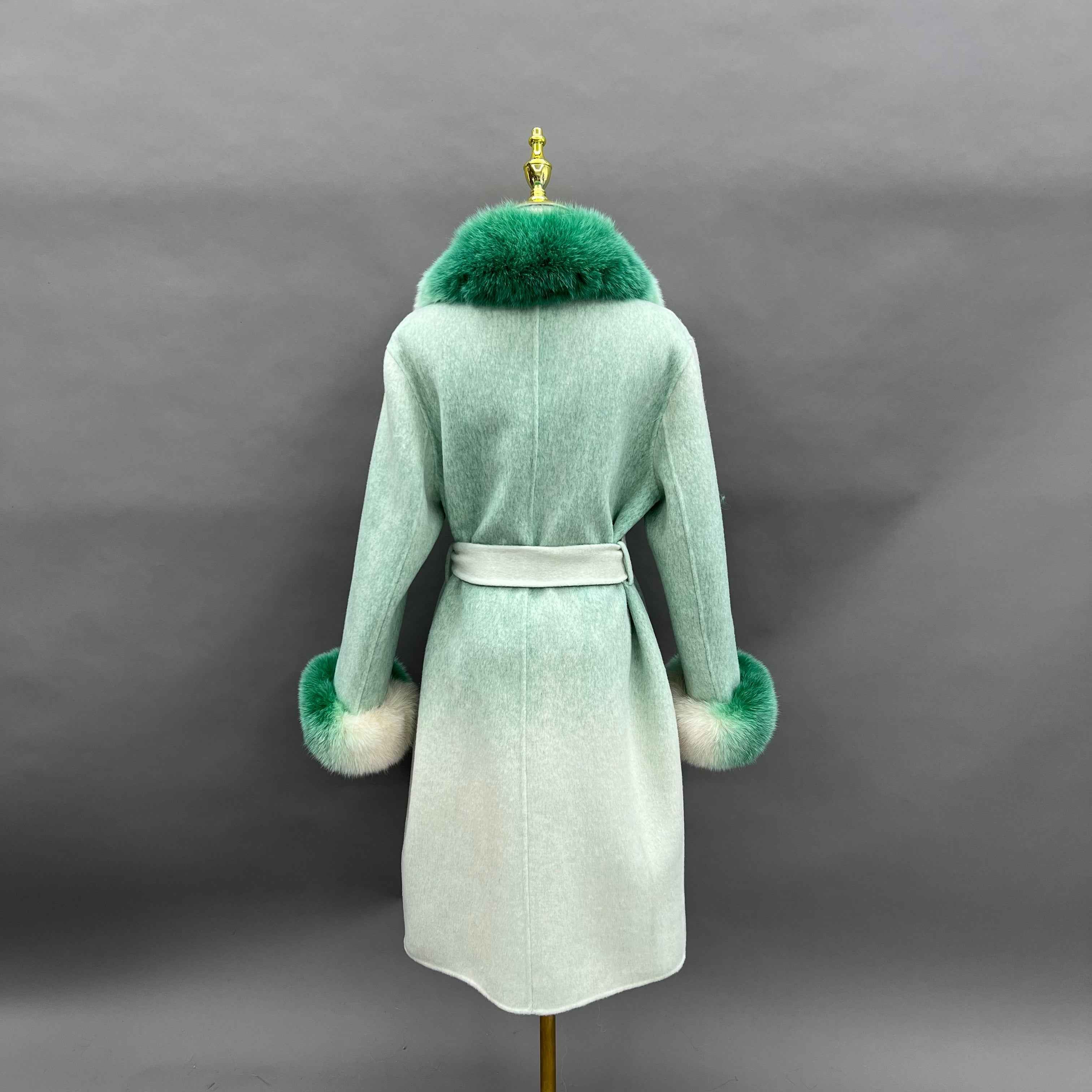 Cashmere Double Faced Coat with Fox Fur Collar & Cuffs, Tie Belt and Delicate Collar Design