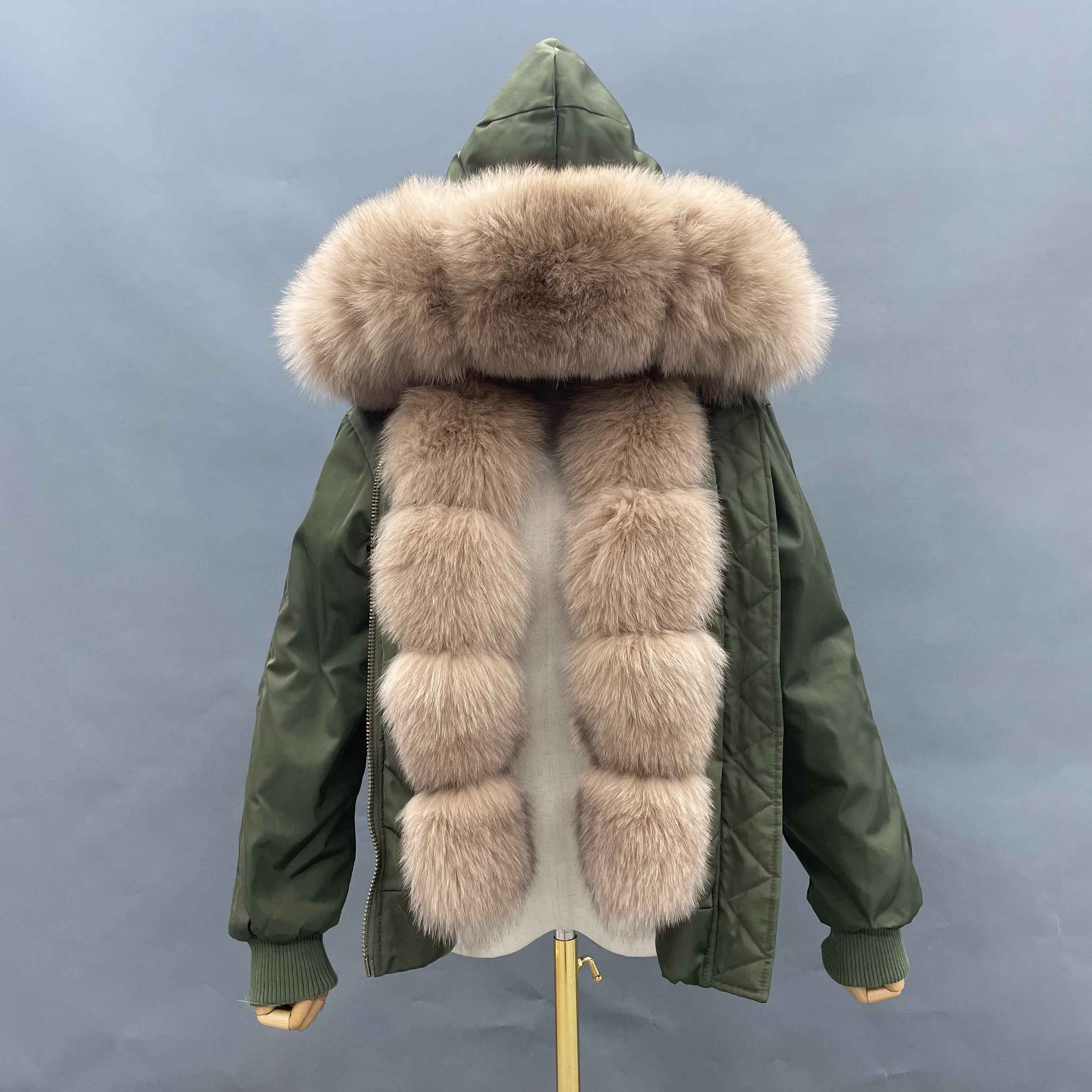 Women's Bomber Jacket with Pink Fox Fur Collar & Front Trim – Luxury Aviator Coat, Furry Winter Fashion Statement Piece 4#