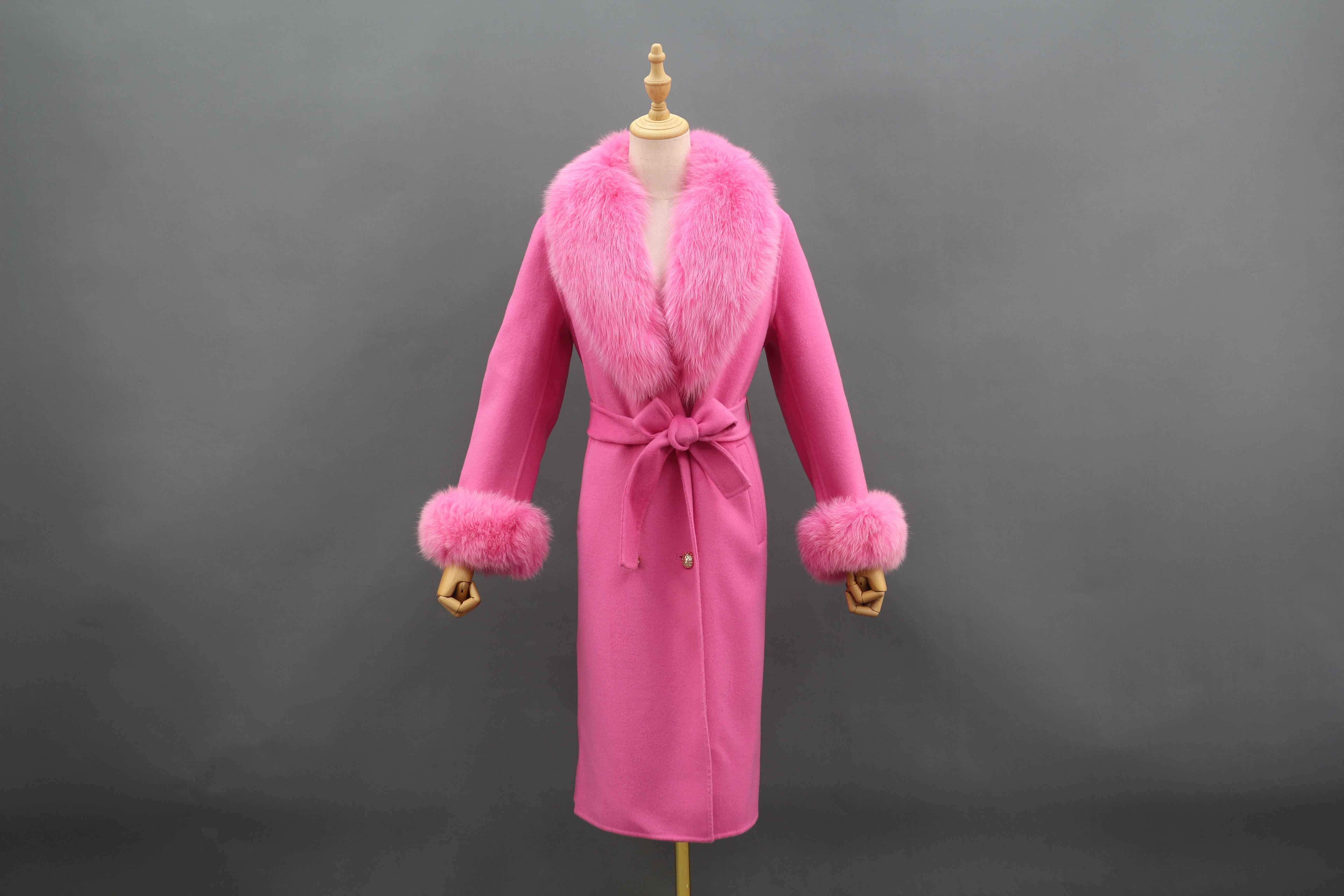 Luxurious Double - Faced Wool Long Coat with Large Fox Fur Collar, Fur Cuffs and Tie Waist
