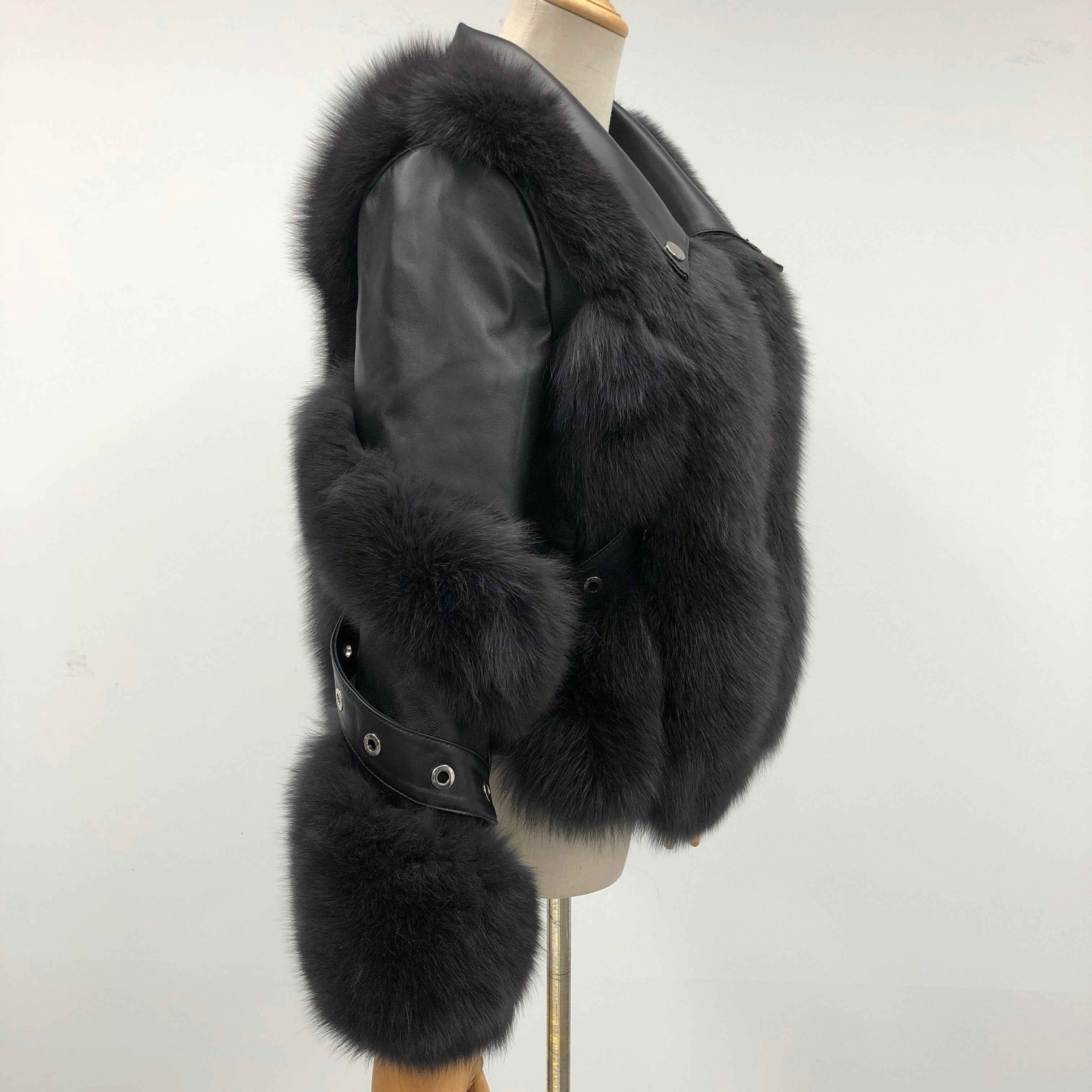 New Arrival Dark Grey Fox Fur Coat with Leather Patchwork - Cropped Biker Style Winter Outerwear"