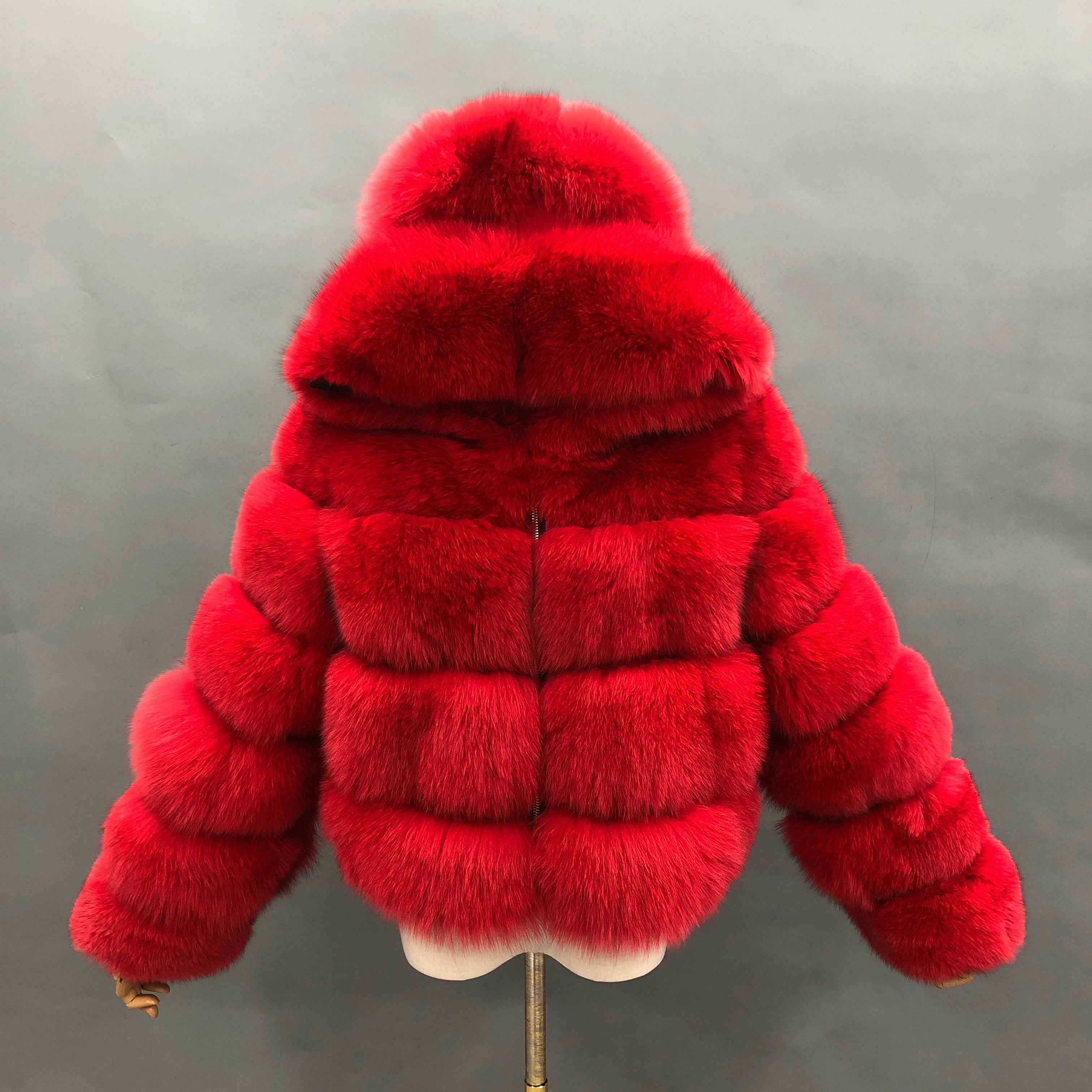Women's Premium Fox Fur Hooded Short Coat - Layered Design Winter Fashion Warm Jacket Red