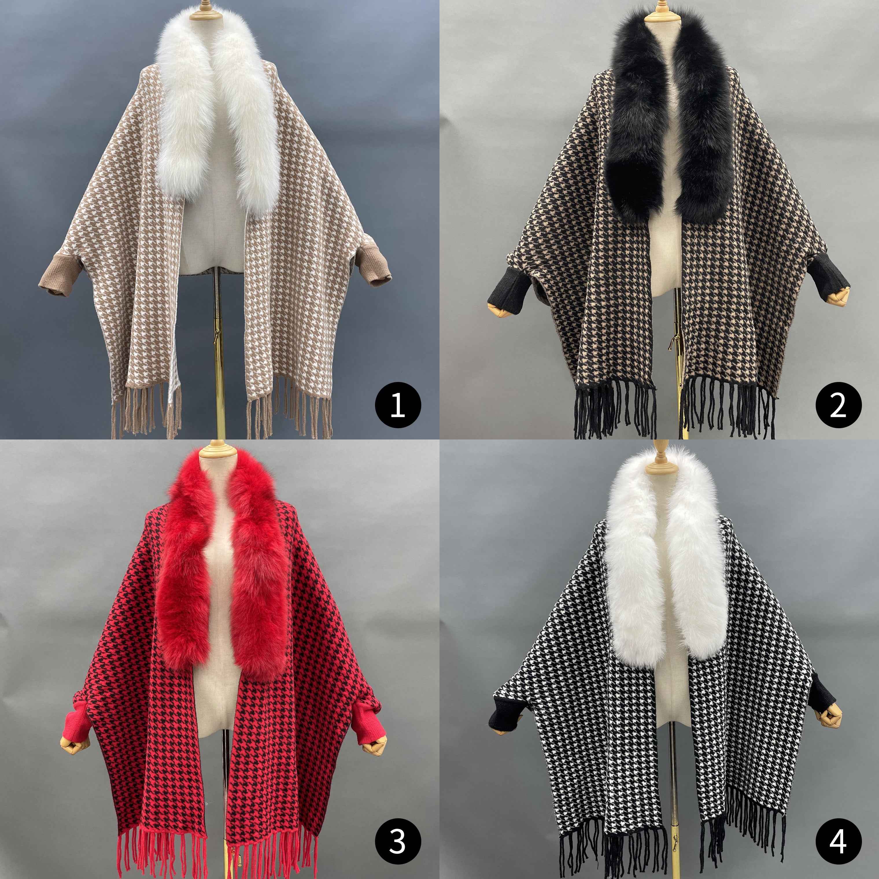 Women's Houndstooth Cape with Fox Fur Collar, Ribbed Cuffs & Fringe Detail - Luxurious Winter Outerwear