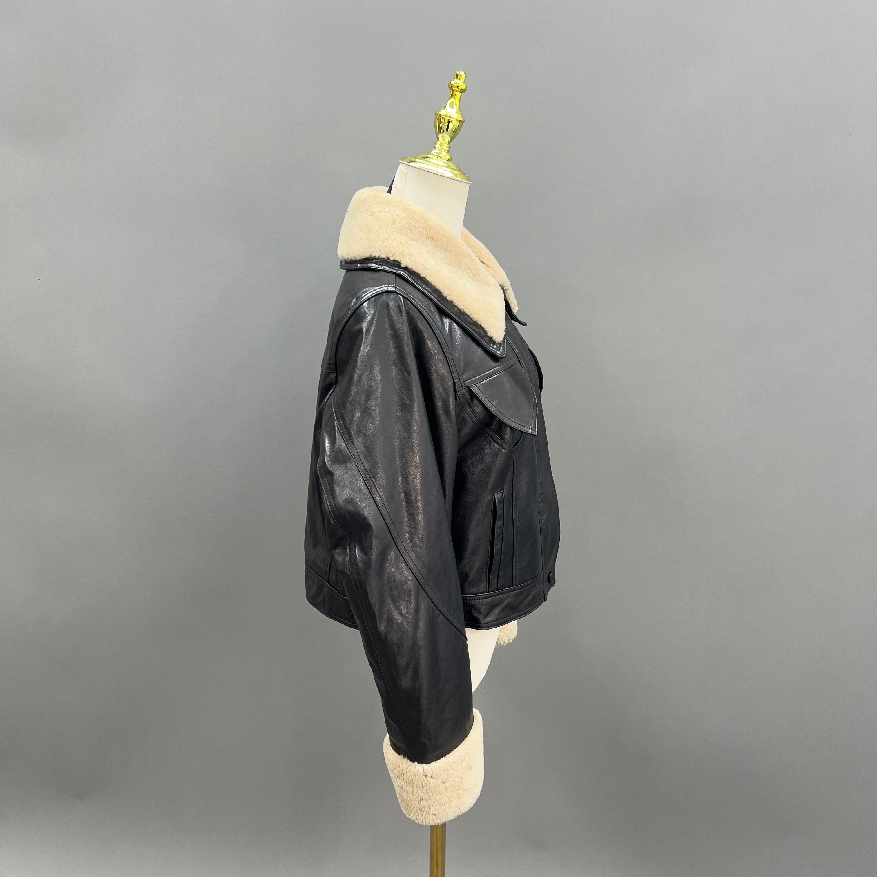 Women’s Black Shearling Leather Jacket with Down Filling – Short Aviator Style Winter Coat for Warmth and Fashion