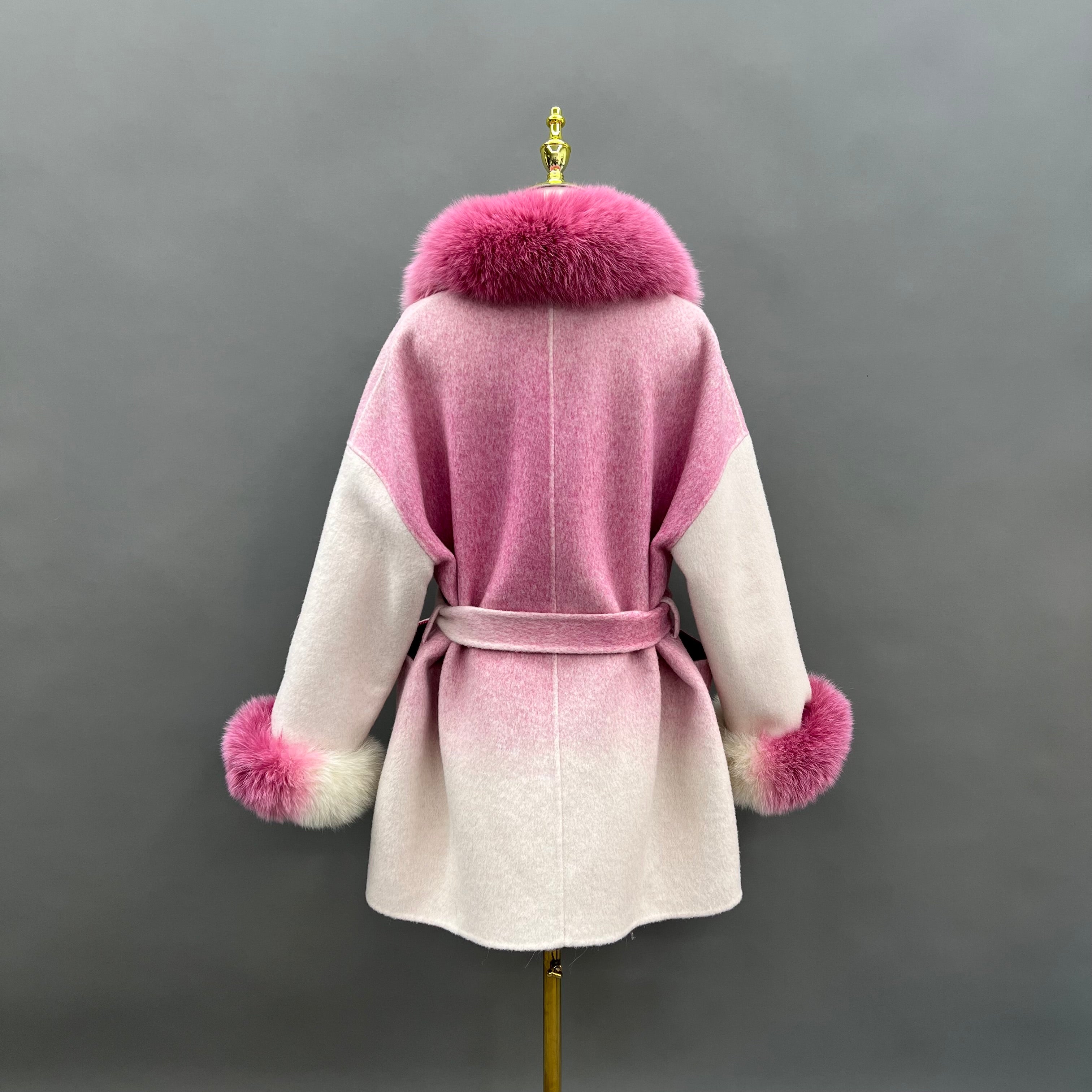 Women’s Pink Gradient Real Fox Fur Collar Wool Coat – Bow Belted Short Winter Jacket for Elegant Fashion