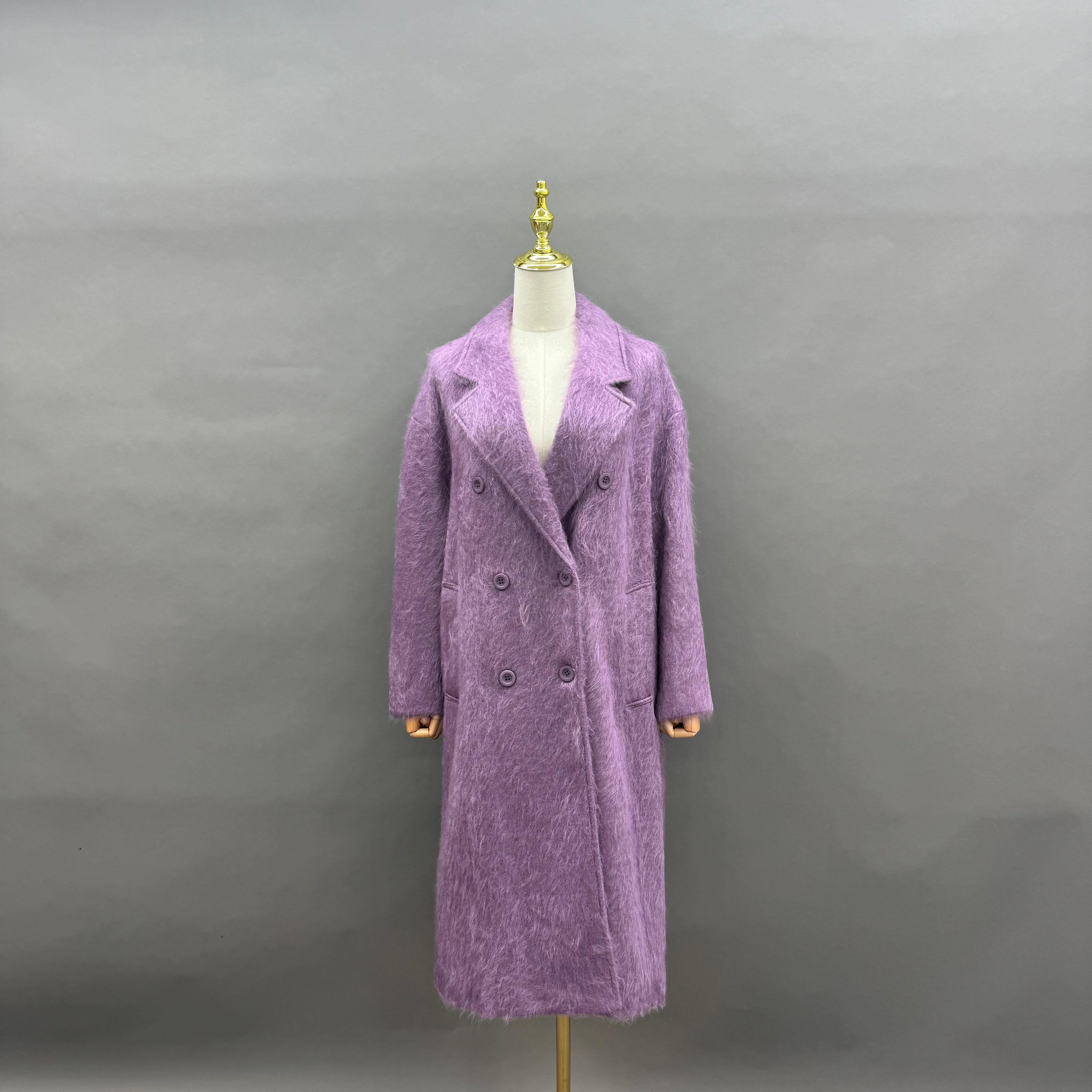 Women’s Gray Wool and Cashmere Blend Double-Breasted Long Coat – Classic Notched Lapel Winter Outerwear for Elegant Fashion 4#Purple