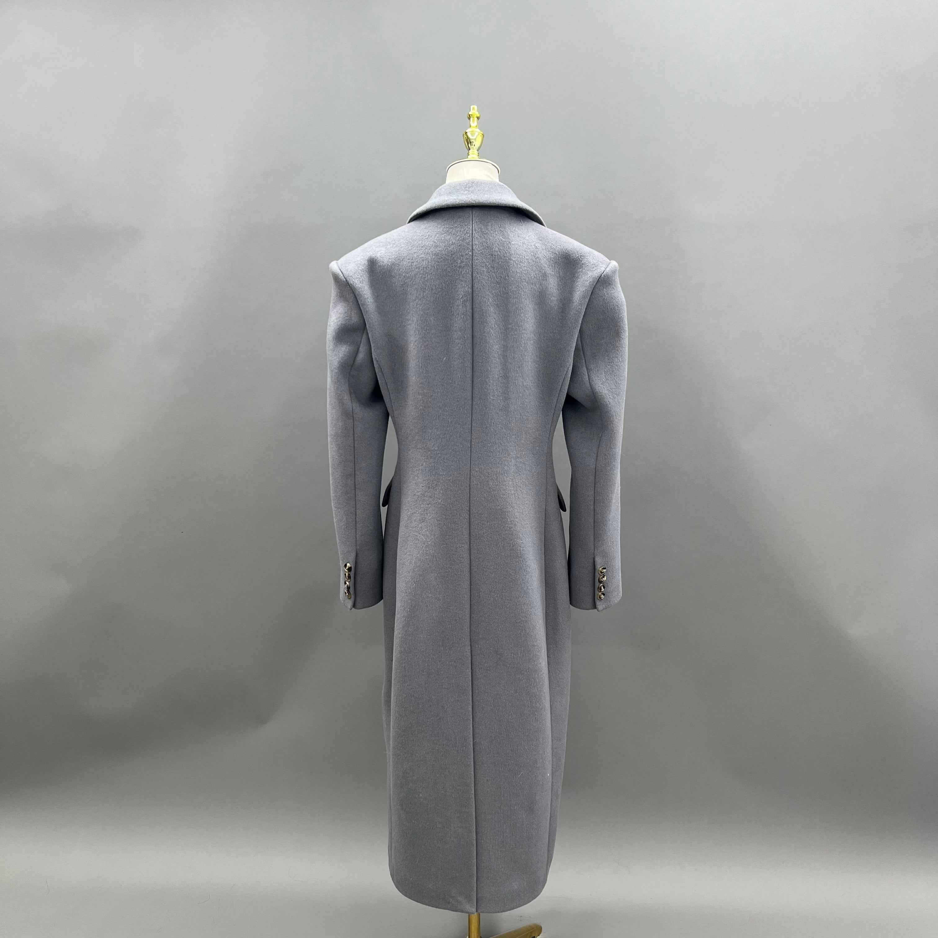 Women's Double - Sided Wool Coat with Shawl Collar, Shoulder Pads & Waist - Cinching Design