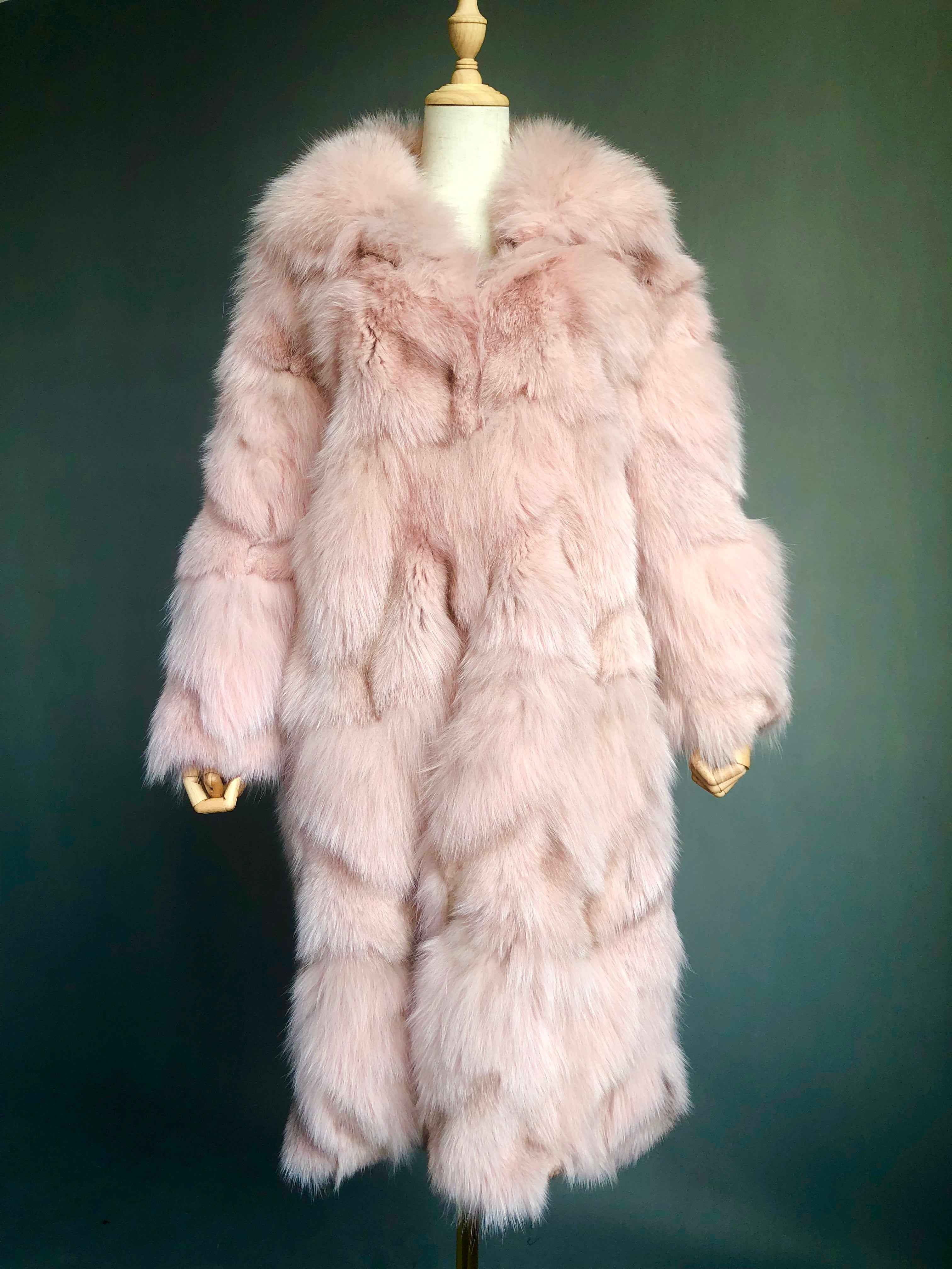 Oversized Fox Fur Long Coat with Fluffy Layers - Women's Winter Maxi Coat Pink
