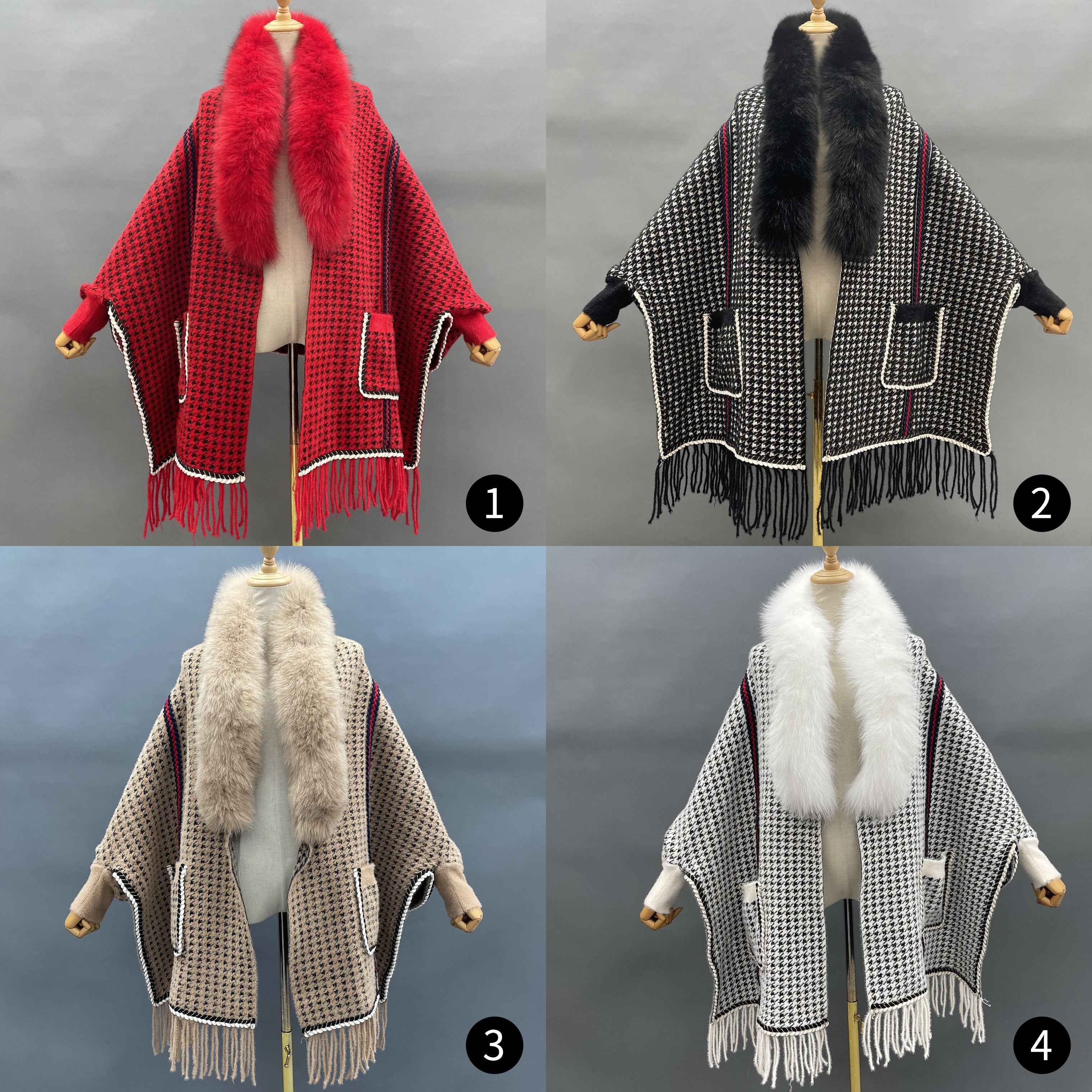 Women's Houndstooth Cape with Fox Fur Collar, Webbing Details, Pockets & Fringe - Luxurious Winter Shawl Accessory