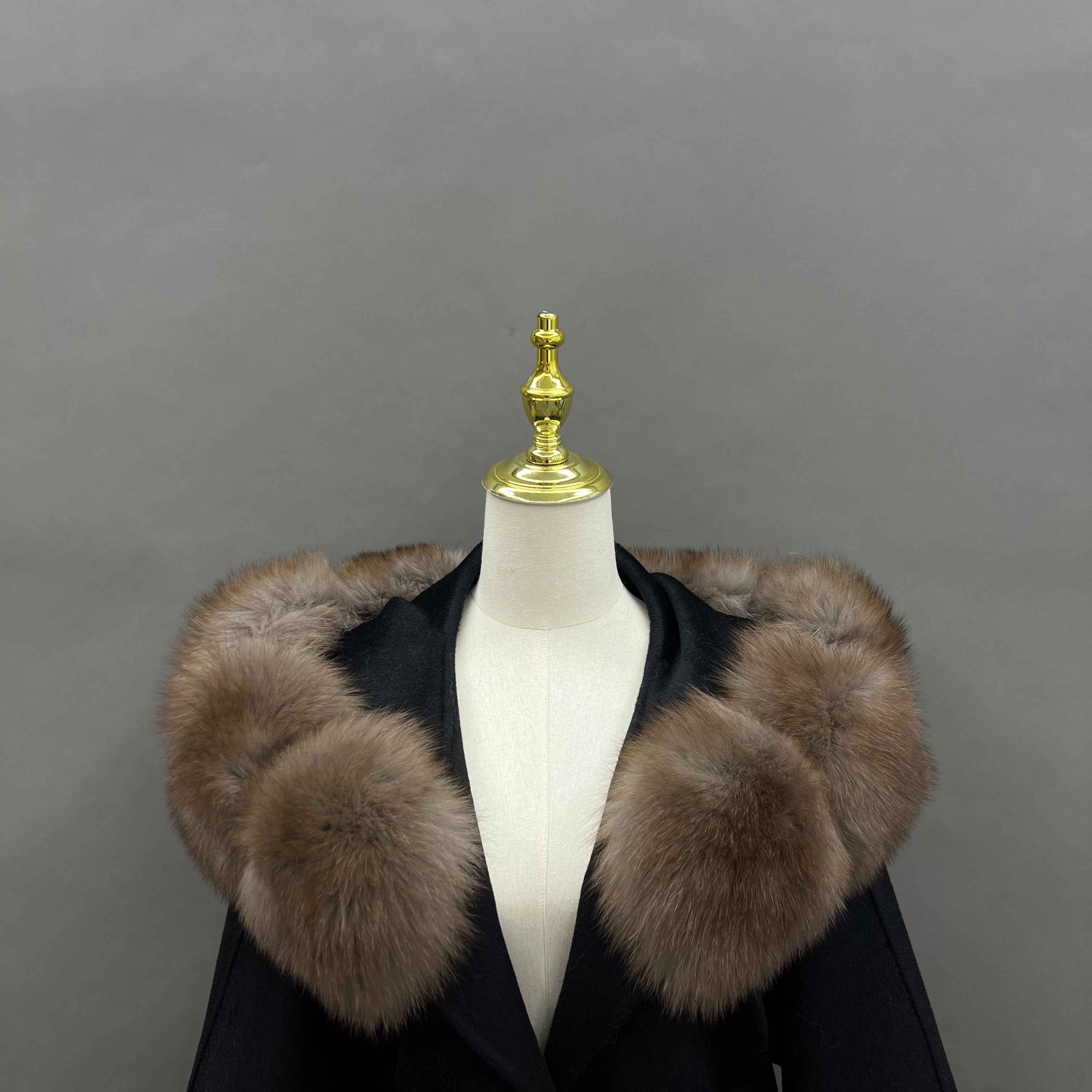 Autumn Winter Black Double - faced Wool Coat with Fox Fur Trim and Tie Waist
