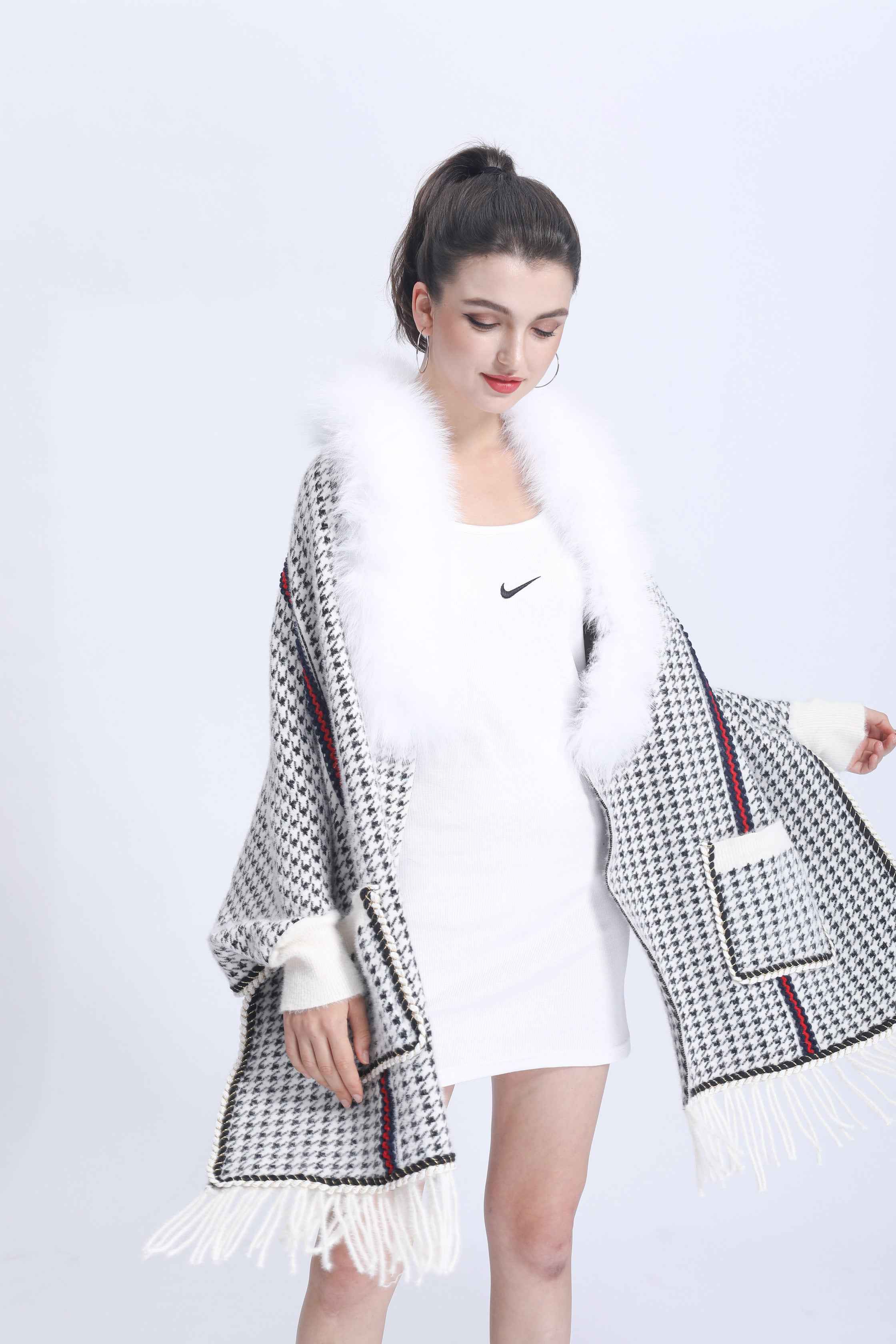 Women's Houndstooth Cape with Fox Fur Collar, Webbing Details, Pockets & Fringe - Luxurious Winter Shawl Accessory
