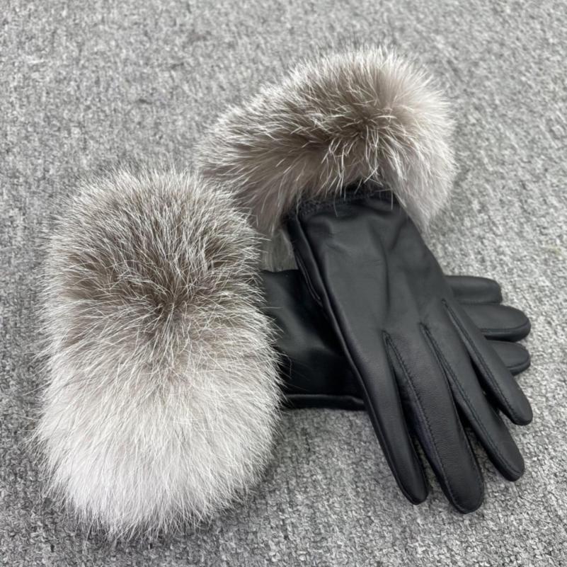 Fox Fur Leather Gloves Rose - Janefur