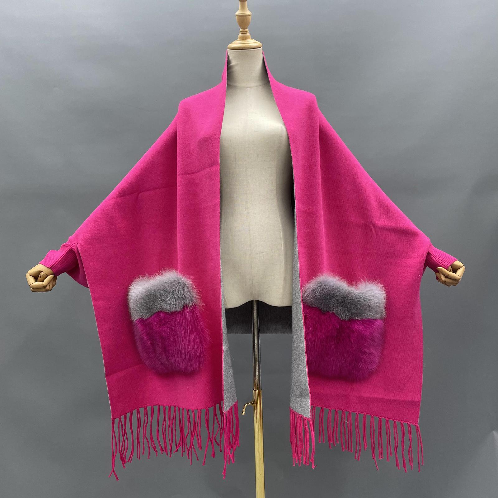Women's Shawl Cape with Pockets Fur Contrast Ribbed Cuffs Fashionable Soft Sleeved New Cape - Janefur