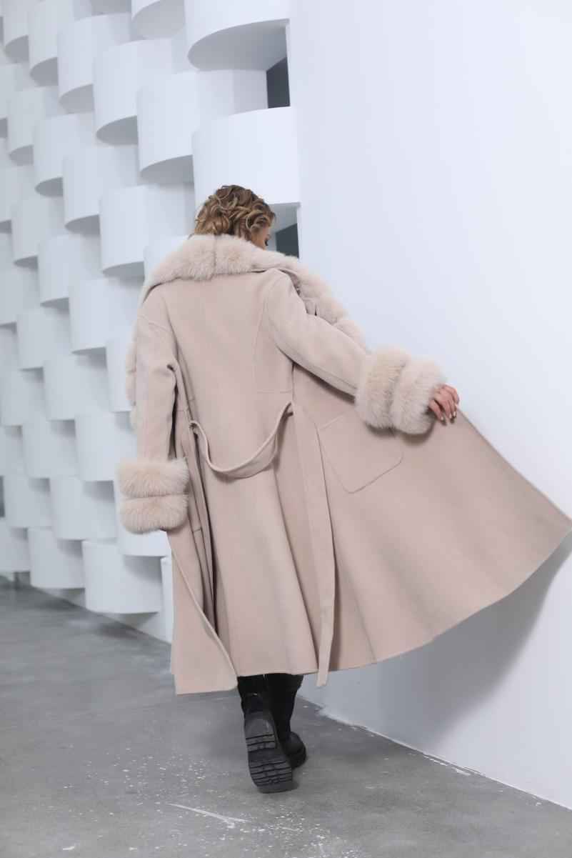 Skirt Hem Mandarin Collar with Sleeves and Two-section Fur Double-faced Wool - Janefur