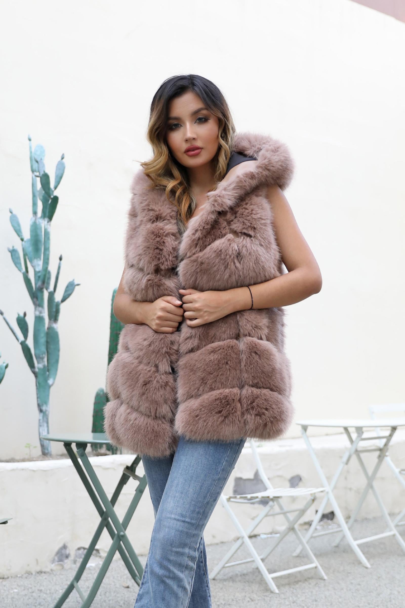Women's Hooded Vest for Spring and Autumn Faux Fur Vest Eco Fur Coat - Janefur