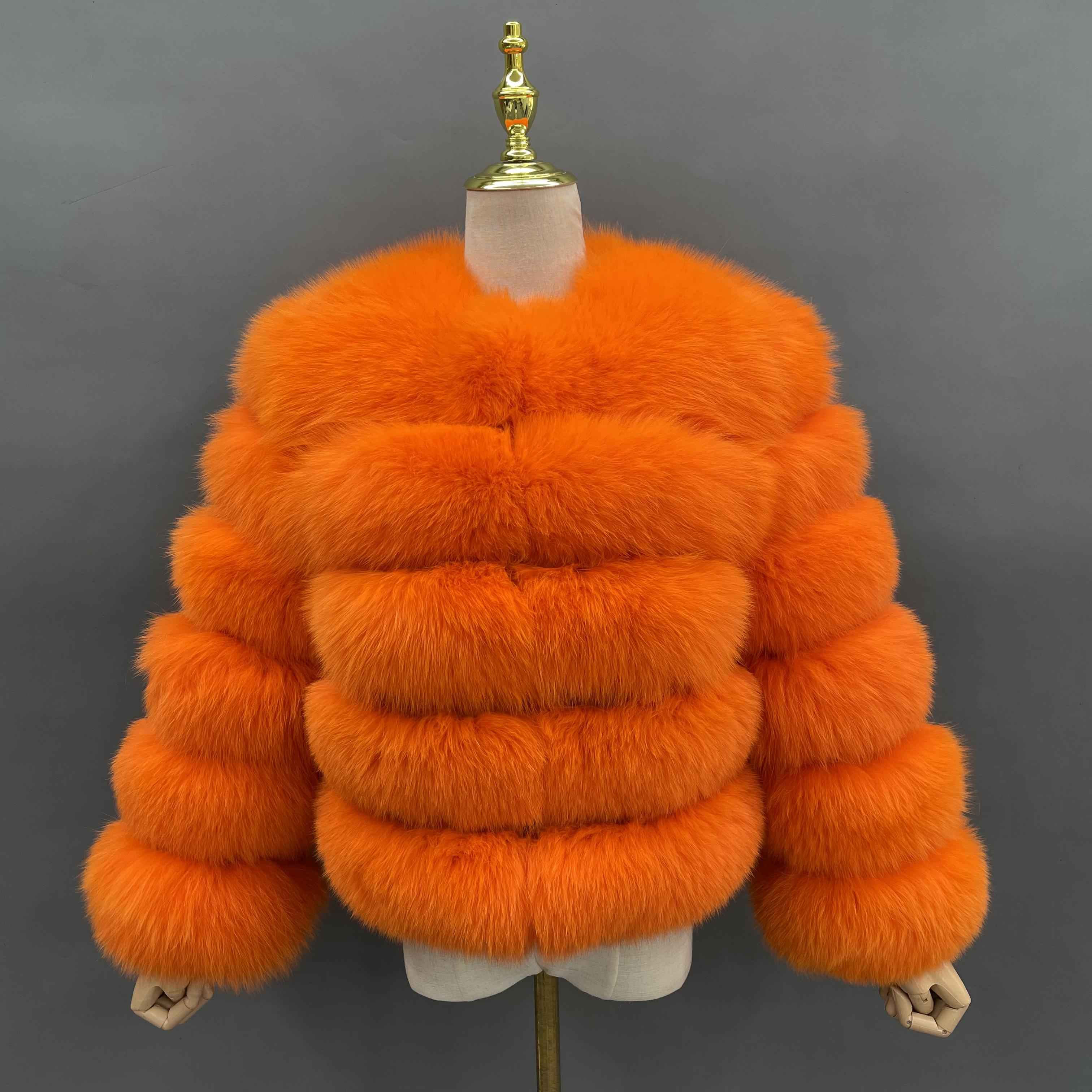 New Winter Warm Short Style Coat Real Fox Fur Women's Jacket 31# Tangerine Orange