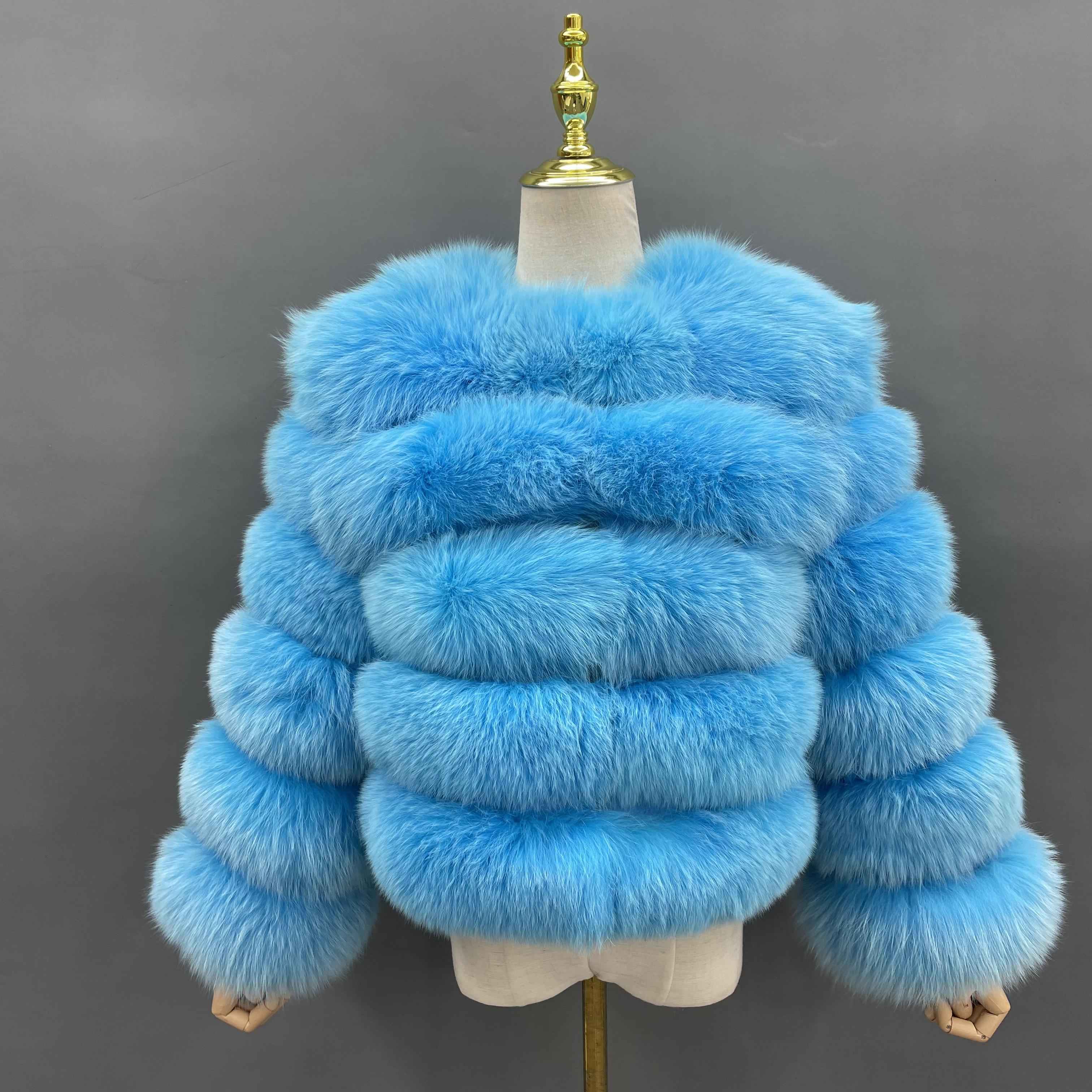 New Winter Warm Short Style Coat Real Fox Fur Women's Jacket 32# Electric Blue