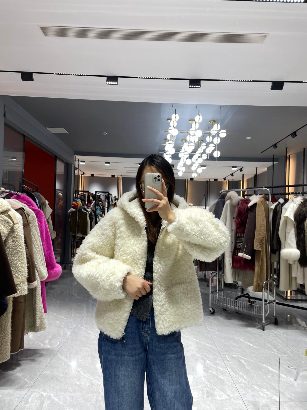 Faux Shearling Outerwear Coat Women's Elegant Hooded Faux Shearling Jacket - Janefur