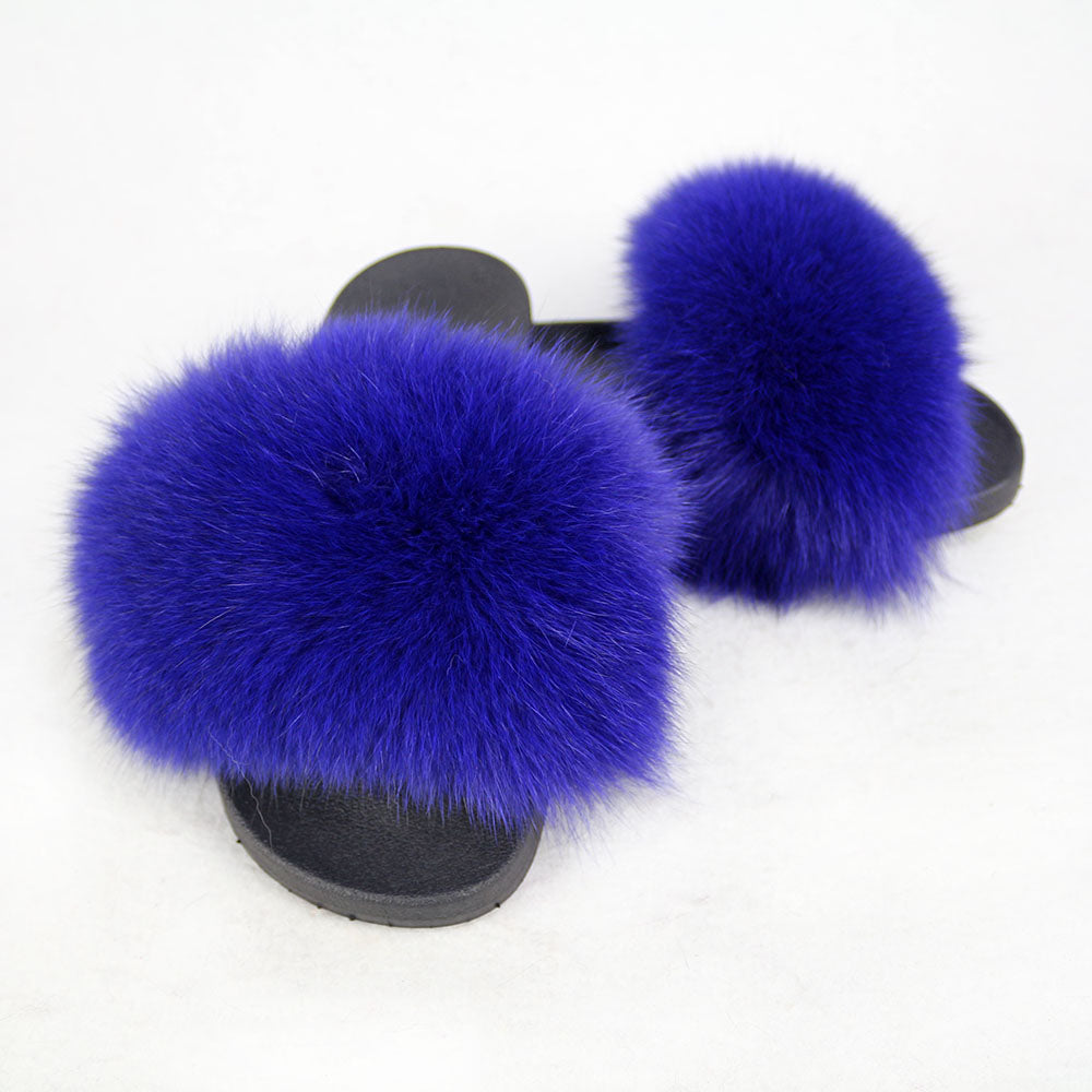 Janefur Wholesale Women's Fashion Slippers With Real Fox Fur Trim (Black, Gold, Silver Soles)