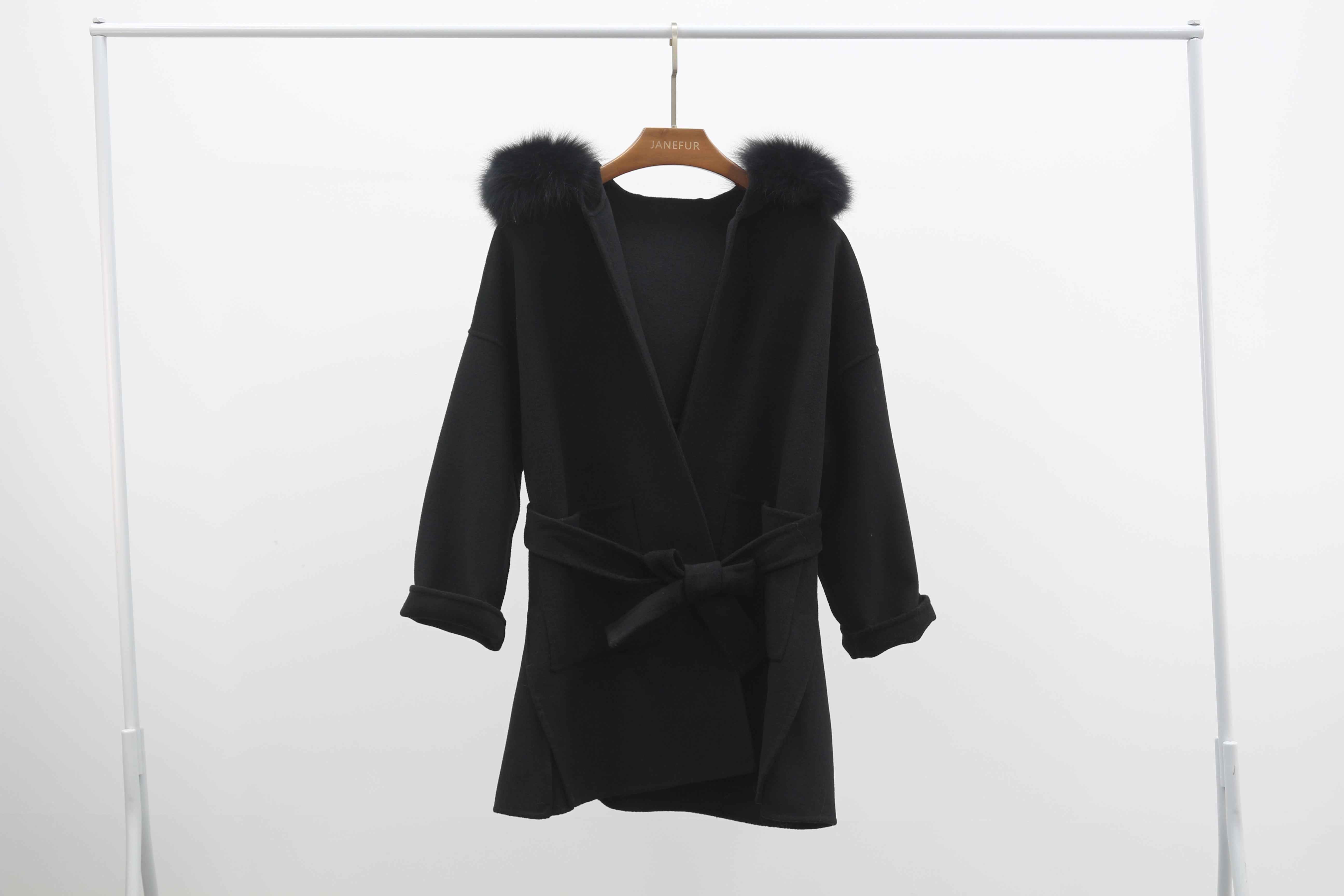 Double - Faced Wool Coat with Fox Fur Hood and Tie Waist