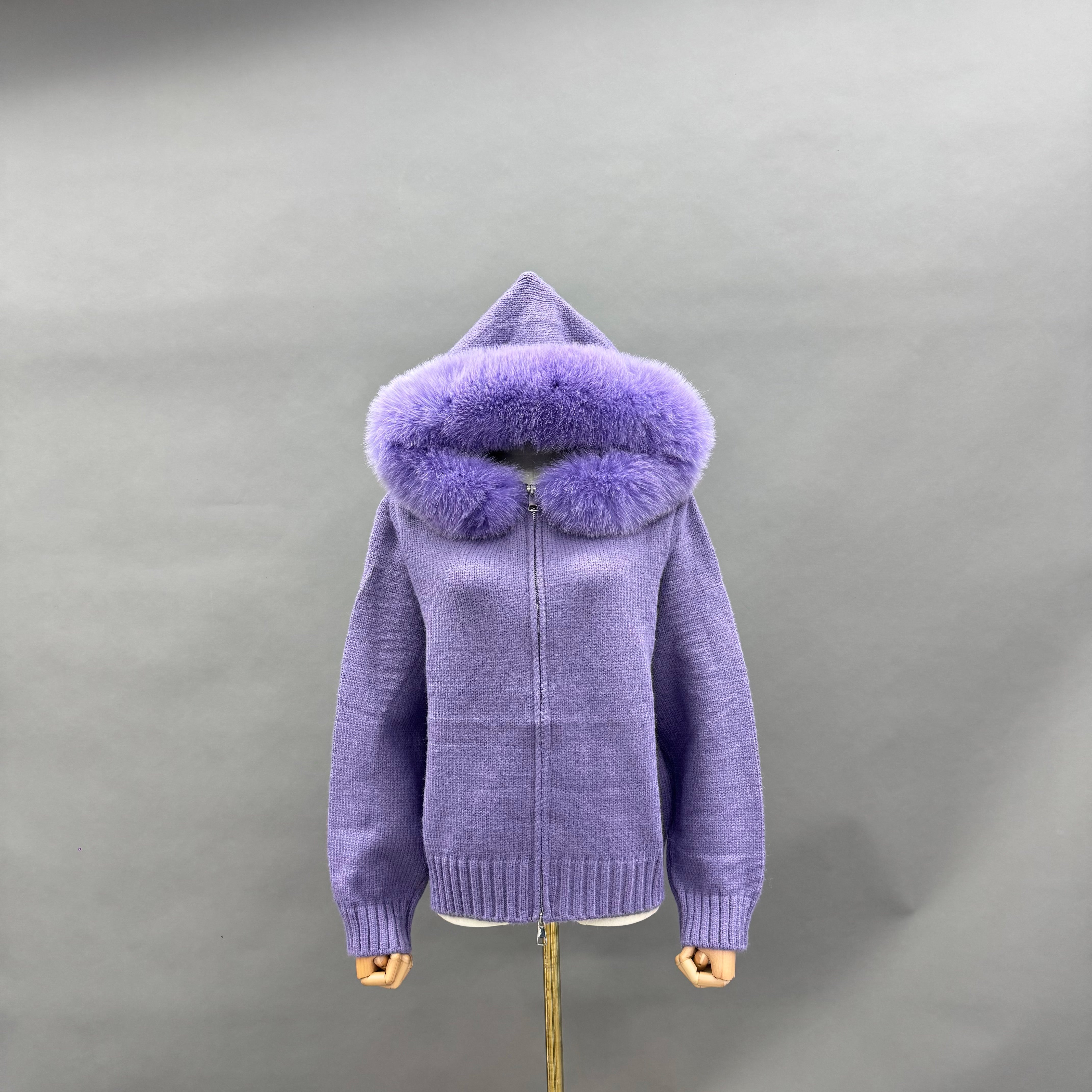 Women’s Beige Sheep Wool Knit Hooded Jacket with Real Fox Fur Trim – Full-Zip Winter Coat for Cold Weather Fashion 1#Purple F-chest 104